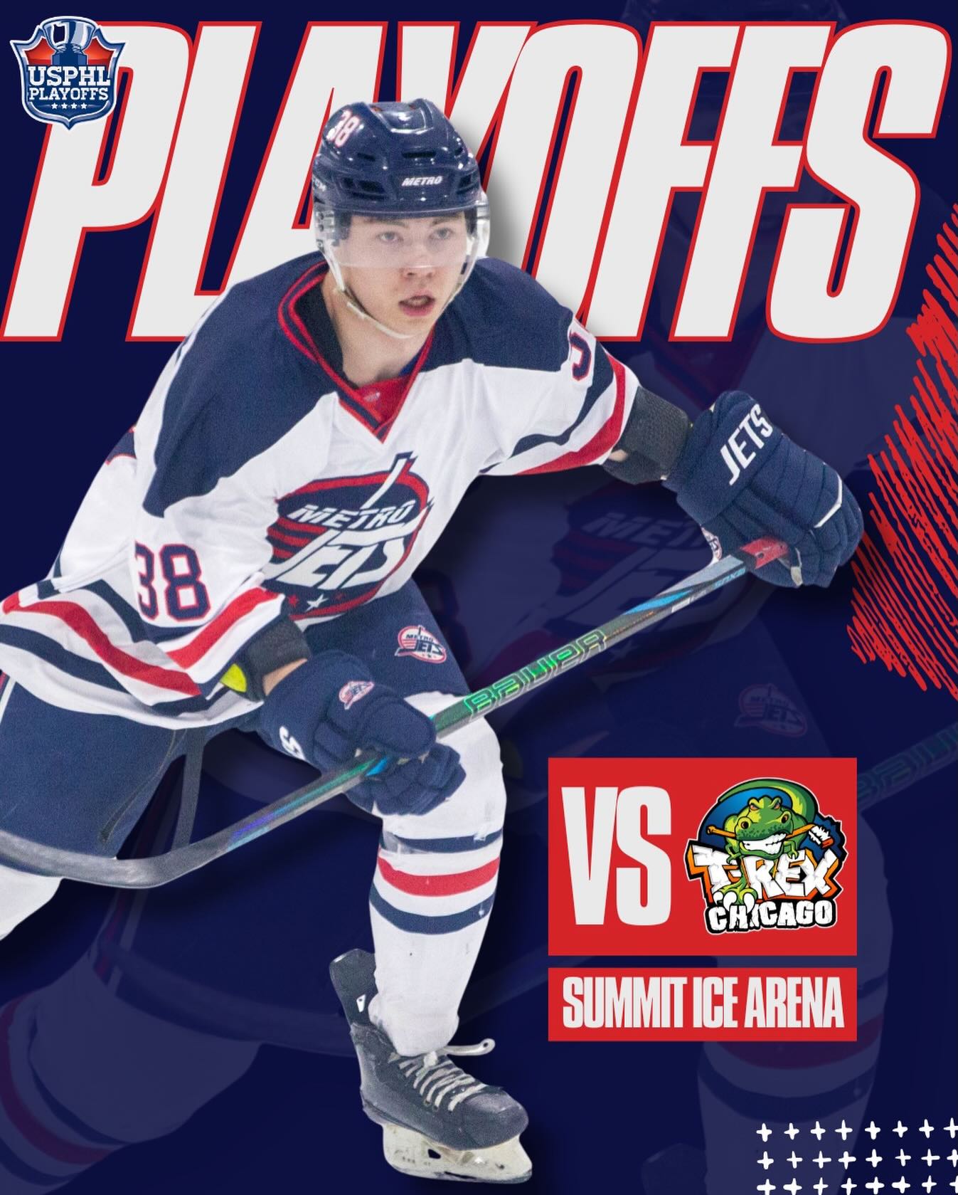 The #MJDP team starts the #USPHLPlayoffs this weekend on the road against the Chicago T-Rex in a best-of-3 series from the Summit Ice Center!
Game 1: Friday, March 6, 3:30pm CDT
Game 2: Saturday, March 7, 3:30pm CDT
Game 3: Sunday, March 8, 1pm CDT
*If necessary
#PlayLikeBray