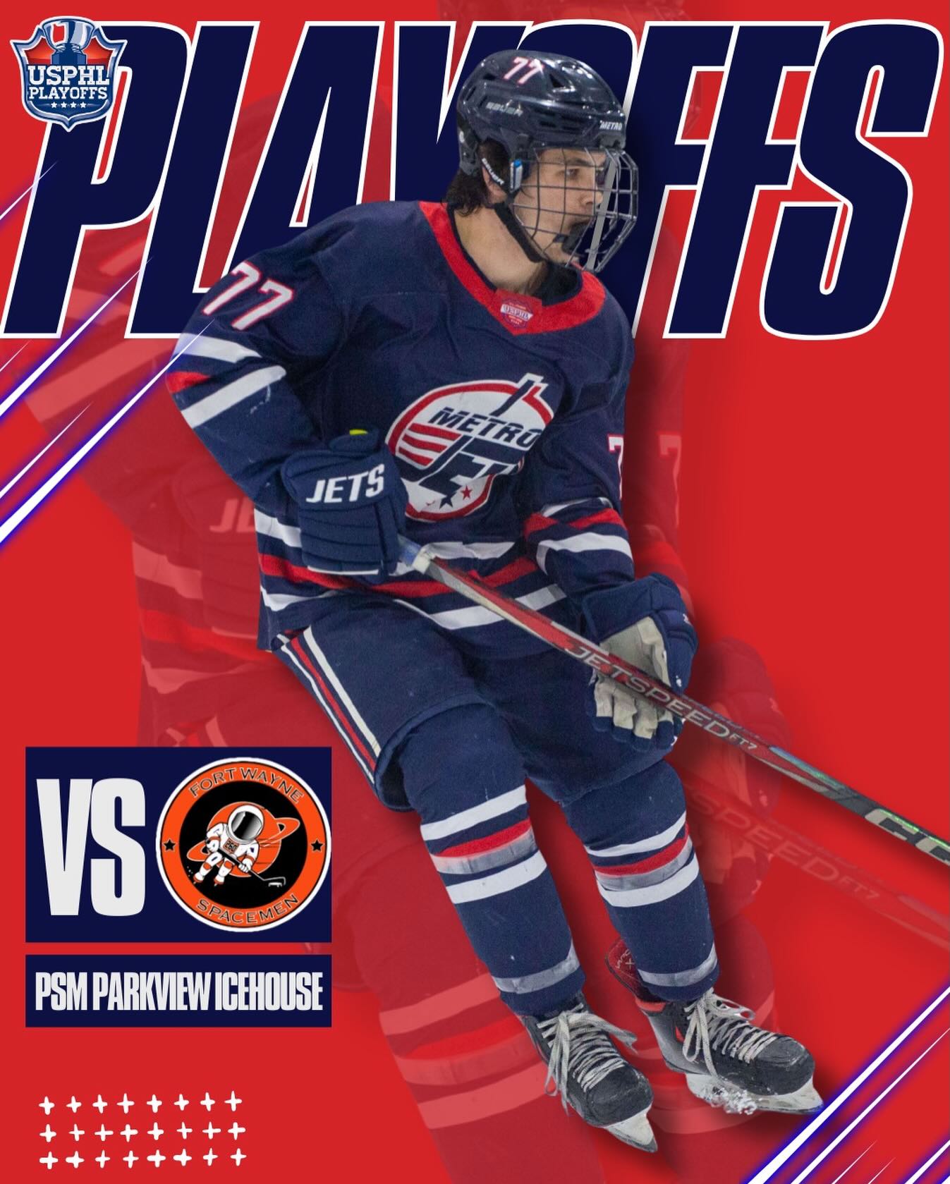 The #MetroJetsElite team starts the #USPHLPlayoffs this weekend on the road against the Fort Wayne Spacemen in a best-of-3 series from the PSM Icehouse!
Game 1: Saturday, March 7, 4pm
Game 2: Sunday, March 8, 10:30am
Game 3: Monday, March 9, 10:40am *
*If necessary
#PlayLikeBray