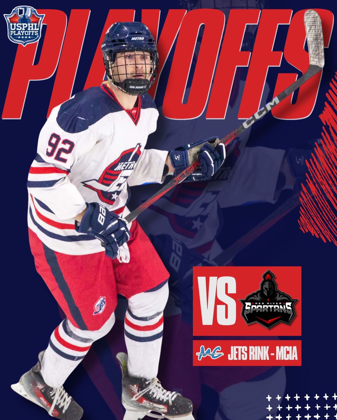 The #MetroJets start the #USPHLPlayoffs this weekend at home against the Red River Spartans in a best-of-3 series from Mount Clemens Ice Arena!
Game 1: Friday, March 6, 5:30pm
Game 2: Saturday, March 7, 5pm
Game 3: Sunday, March 8, 11:30am *
*If necessary
#PlayLikeBray