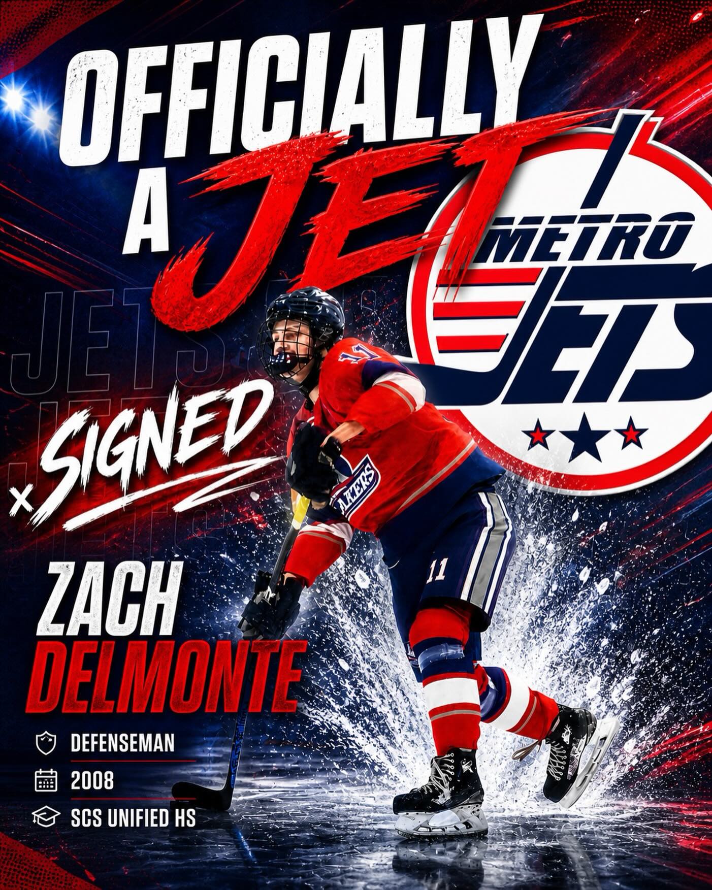 🔔 PLAYER SIGNING 🔔 

The #MetroJets are proud to announce the signing of St. Clair Shores Unified defenseman Zach Delmonte for the 2026-27 season!

Zach is a great get for #JetsNation! We’re excited to watch him improve his game in our development environment!

Welcome to Mount Clemens Ice Arena!

#PlayLikeBray