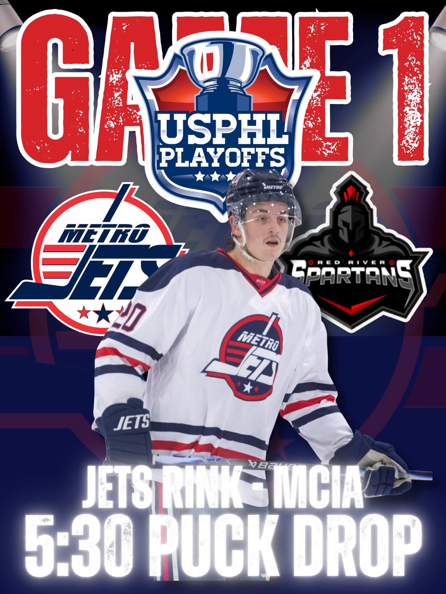 ‼️ PLAYOFFS ARE HERE ‼️ 

The #MetroJets kick off the second round of the #USPHLPlayoffs at home at Mount Clemens Ice Arena today at 5:30pm against the Red River Spartans!

Stream the game at BlackBearSports.tv, starting with the Troy Oral Surgery Pre-Game Show at 5pm, with Matt Prieur, Matt Naiman and Sara Vasseur.

Also check the comments here for updates.

#PlayLikeBray