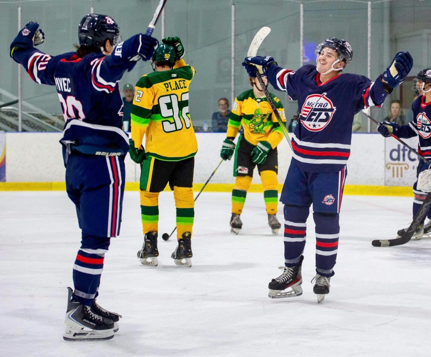 #MetroJets forwards Luka Pivec and Jaxon Stone celebrate a goal during a win over Battle Creek on October 10, 2025, at Mount Clemens Ice Arena. 

#CellySunday #PlayLikeBray