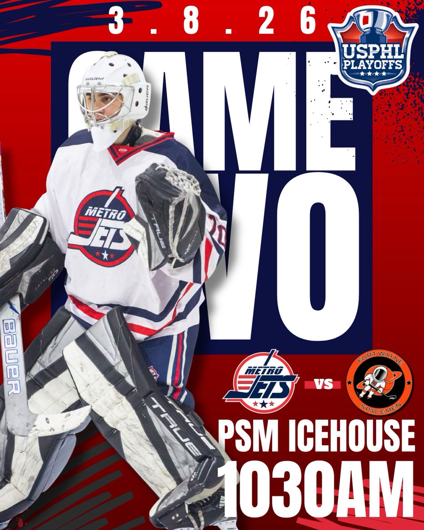 ‼️ SUNDAY SHOWDOWN ‼️
The #MetroJetsElite team continues the second round of the #USPHLPlayoffs on the road today at 10:30am against the Fort Wayne Spacemen from the PSM Icehouse!
Stream the game at BlackBearSports.tv and check the comments here for updates.
#PlayLikeBray