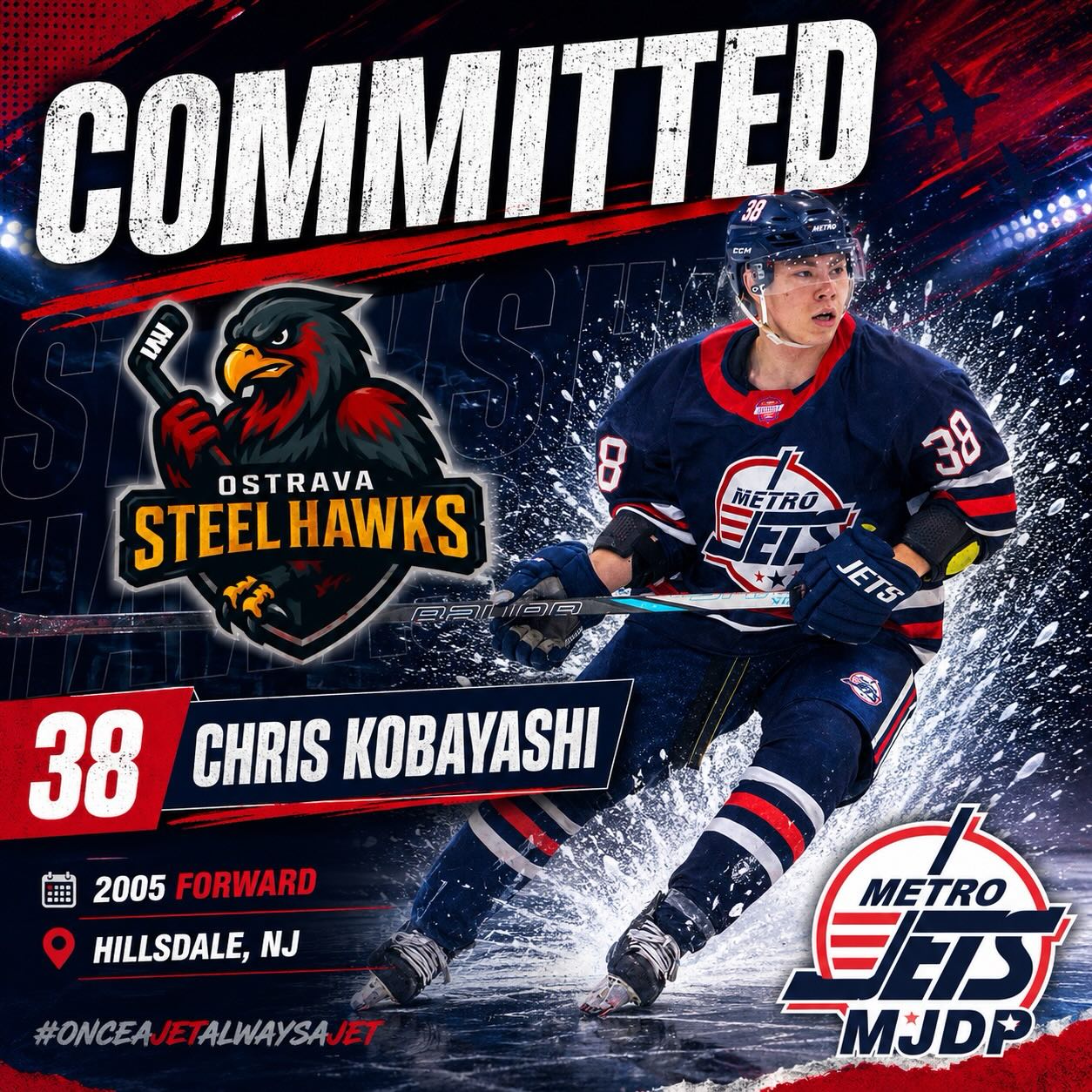 🔔 ADVANCEMENT ALERT 🔔 

Congratulations to two-year #MetroJets forward Chris Kobayashi on his commitment to VSB Technical University of Ostrava. 

The Steelhawks are a Division 1 team in the EUCHL, a growing university league that offers student-athletes an opportunity to play high-level hockey and earn their degrees. 

In two years playing for the #MJDP team, the Hillsdale, N.J., native put up 17 goals and 18 assists for 35 points over 82 regular-season games, with another three points in seven postseason games. 

We wish Koby the best of luck and enjoy Czechia! 

🔗 https://www.ostravasteelhawks.com/news/ostrava-steel-hawks-announce-commitment-of-christo

#PlayLikeBray #JettingToCzechia