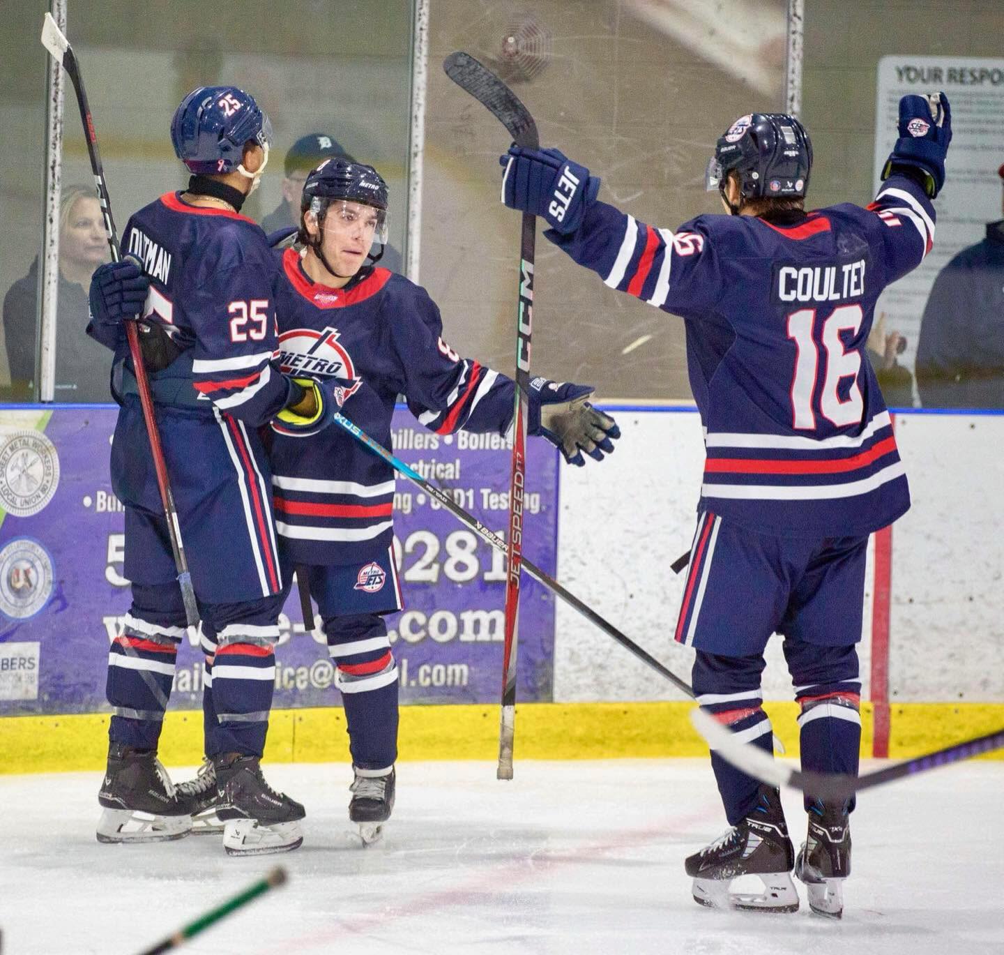 Gabe Outman, Alessandro Evangelista and Owen Coulter celebrate Evangelista’s goal that turned out to be the game winner as the #MetroJets beat Columbus 2-1 at Mount Clemens Ice Arena on Sept. 27, 2025.

#CellySunday #PlayLikeBray