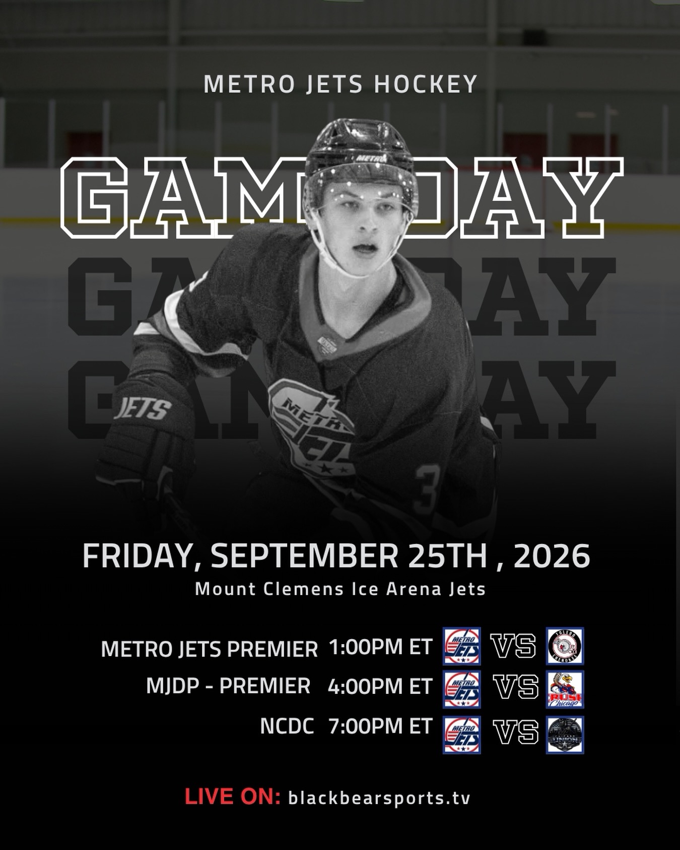 🚨 IT’S GAME DAY, JETS NATION! 🚨
The wait is over… HOME OPENER is here! 🏒
🏒 1:00 PM — Premier vs. Toledo Cherokee
🏒 4:00 PM — MJPD vs. Crush Chicago
🏒 7:00 PM — NCDC vs. Chicago Union
📍 Mount Clemens Ice Arena
📺 Watch the NCDC game LIVE on Black Bear Sports TV
See you at the rink, Jets Nation! 🔥
#jetsnation #metrojets #ncdc #usphl #playlikebray