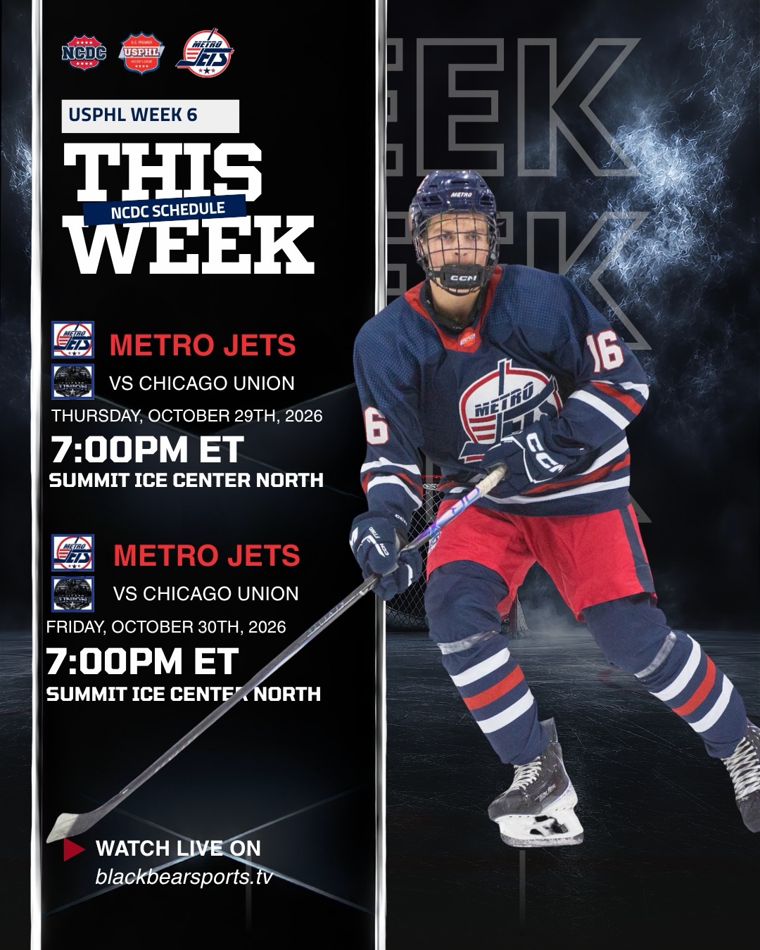 🚨WEEK 6 | GAME SCHEDULE🚨

Here’s what’s on the schedule this week! 🏒

#metrojets #usphl #playlikebray #jetsnation