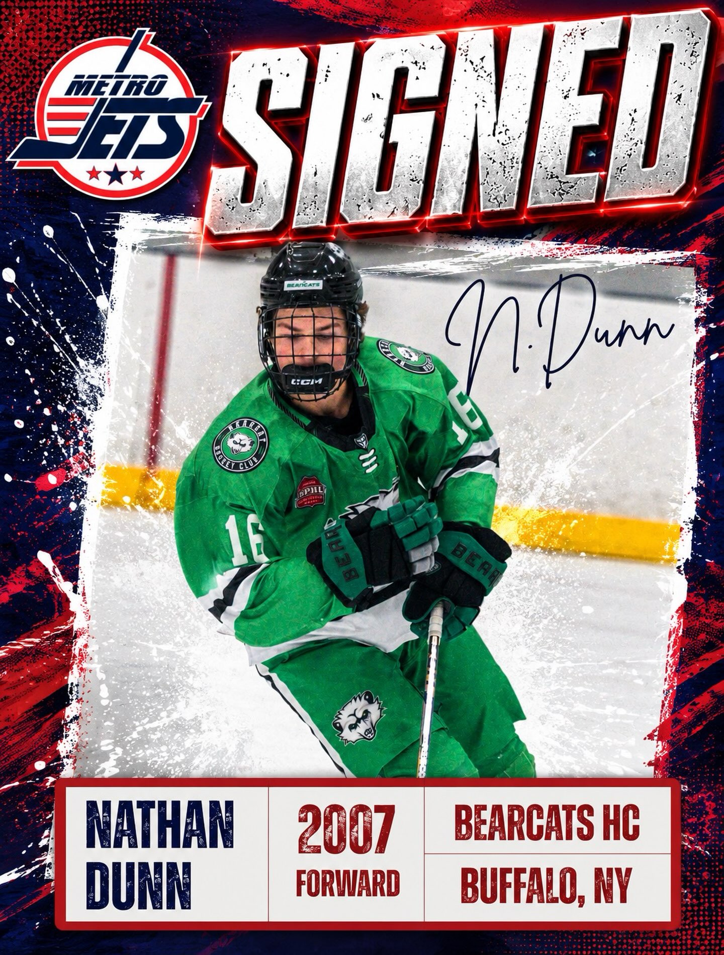 🔔 PLAYER SIGNING 🔔
The #MetroJets are excited to announce the signing of forward Nathan Dunn for the 2026-27 season!
A native of Buffalo, N.Y., Dunn comes to #JetsNation with junior hockey experience after playing last season for the Bearcat Hockey Club where he was one of the leading scorers for the team with 22 goals and 17 assists for 39 points in 38 games in his rookie year in the Great Lakes Division.
We saw Dunn’s talent on display last season and he’s definitely a player that will no doubt fit in with our group, both on and off the ice. Can’t wait to see Nate in Jets colors!
Welcome to Mount Clemens Ice Arena!
#PlayLikeBray