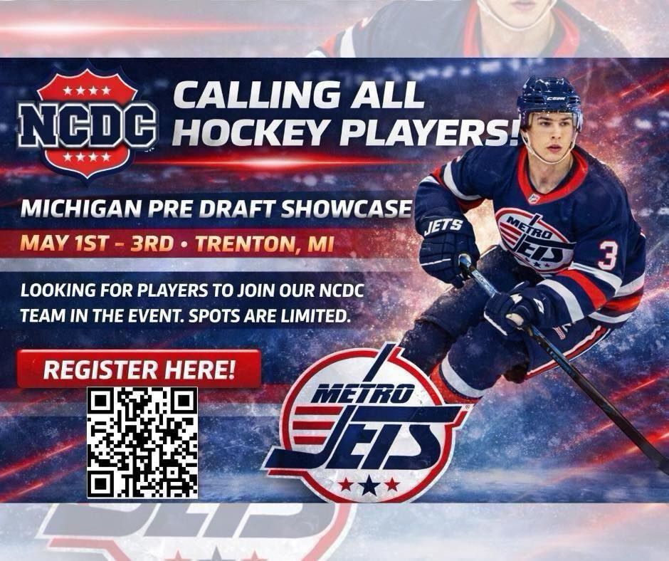 ✈️ PRE-DRAFT SHOWCASE ✈️ 

Want to play for the #MetroJets next season in the NCDC?

Come to the Michigan Pre-Draft Showcase, scheduled for May 1-3 in Trenton, Mich.

To register, scan the QR code or visit https://forms.gle/44bKiV37QcuQ3b5R9.

Spots are limited and a practice is provided as well before the 4-game guarantee tournament.

Let’s go!!

#PlayLikeBray