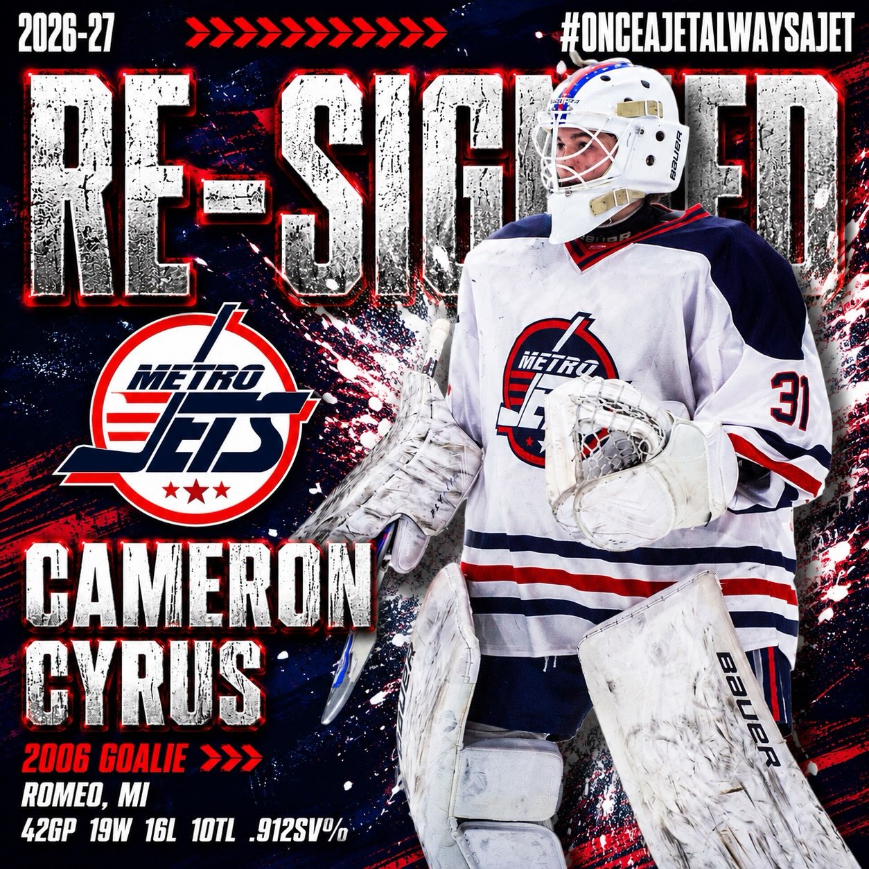 🔔 PLAYER SIGNING 🔔
The #MetroJets are excited to announce the re-signing of goaltender Cameron Cyrus for the 2026-27 season!
The native of Romeo, Mich., is back with #JetsNation after winning 19 games the past two seasons with the Jets.
Cam has steadily improved his game under the watchful eye of our world-renowned goaltending coach Randy Wilson and entering his final season of junior hockey, we are banking on more of Cam’s game trending upward to give himself opportunities after this season.
Welcome back to Mount Clemens Ice Arena!
#PlayLikeBray
