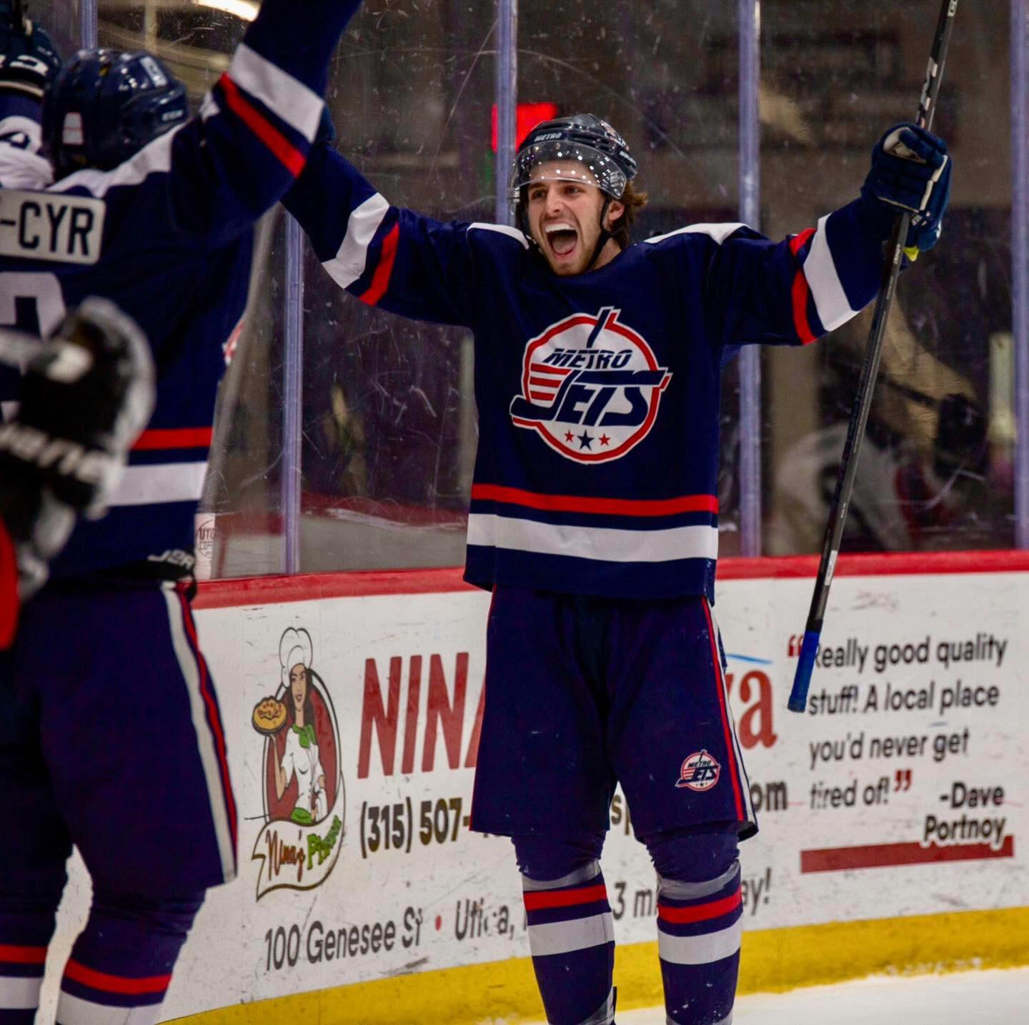 #MetroJets players Jacques Lavrack and Royal St-Cyr celebrate a goal during an #MJDP showcase game February 11, 2024, in Utica, N.Y.

#CellySunday #PlayLikeBray