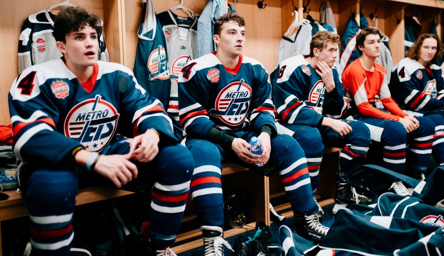 From left, #MetroJets players Tyler German, Anthony Cinato, Rhett Limback, Zack Kippe and Matt Cruz get instruction from coaches at an intermission of a Bauer Cup international tournament game in China on October 4, 2018. 

#FlashbackFriday #PlayLikeBray