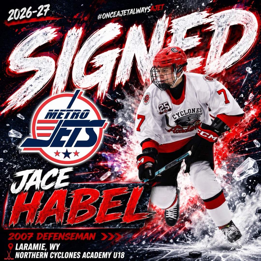 🛎️PLAYER SIGNING 🛎️
The #MetroJets are thrilled to announce the signing of 2007 defenseman Jace Habel for the 2026-27 season!
A native of Laramie, WY Habel commits to #JetsNation for his first junior season. The young defenseman played for the Northern Cyclones U18 Academy last year and looks to bring his talents to Metro Detroit.
Habel is excited to get to work and join our model to develop his game. Our staff has seen his commitment and are eager to get to work with him!
Welcome to the Jets!
#playlikebray #playersigning #juniorhockey