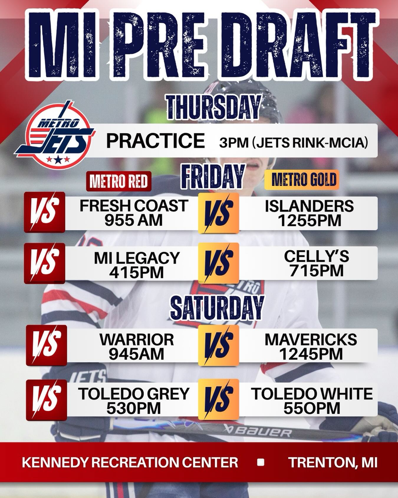 The #MetroJets are playing in the Michigan Pre-Draft Showcase this weekend in Trenton.

Here are our two teams’ schedules!

#PlayLikeBray
