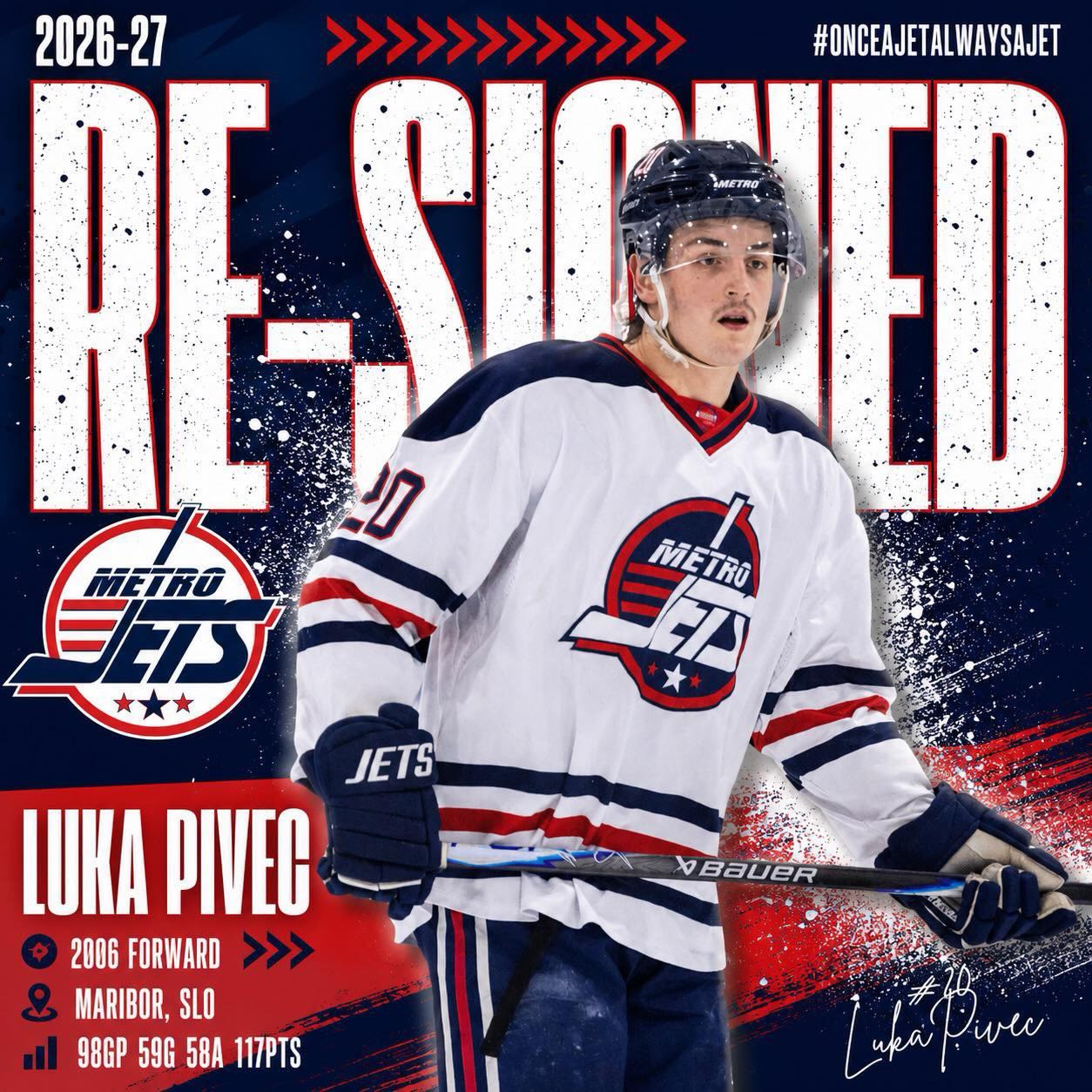 🔔 PLAYER SIGNING 🔔 

The #MetroJets are excited to announce the re-signing of forward Luka Pivec for the 2026-27 season!

Entering his third and final junior hockey season with the Jets, Pivec has scored 50 goals among 102 points in 83 regular-season games, with another 15 points in 15 postseason games.

More offense and development in ‘26-27? Yes, please! 

Welcome back to Mount Clemens Ice Arena!

#PlayLikeBray