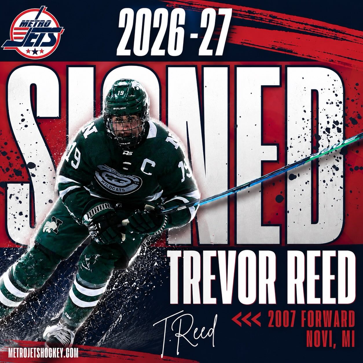 🔔 PLAYER SIGNING 🔔 

The #MetroJets are elated to announce the signing of forward Trevor Reed for the 2026-27 season!

Trevor comes to #JetsNation from Novi High School, where he captained the team his senior year and recorded 18 goals and 34 points in 25 games.

Development and getting our players #CollegeReady is the name of the game with the Jets and Trevor is anxious to come aboard and see his game take an upward swing. 

Welcome to Mount Clemens Ice Arena!

#PlayLikeBray