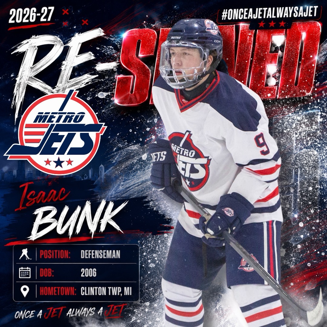 🔔 PLAYER SIGNING 🔔
The #MetroJets are thrilled to announce the re-signing of defenseman Isaac Bunk for the 2026-27 season!
A native of Clinton Township, MI Bunk returns to #JetsNation after helping the Jets win a record 11th division title in 2025-26.
The veteran Bunk brings his powerful skating and speed to a strong NCDC line-up this season and looks to build off his career totals of 149GP, 30G, 52A, 82PTS, while earning an opportunity to further his career after his final junior season.
Welcome back to Mount Clemens Ice Arena!
#juniorhockey #usphl #playlikebray