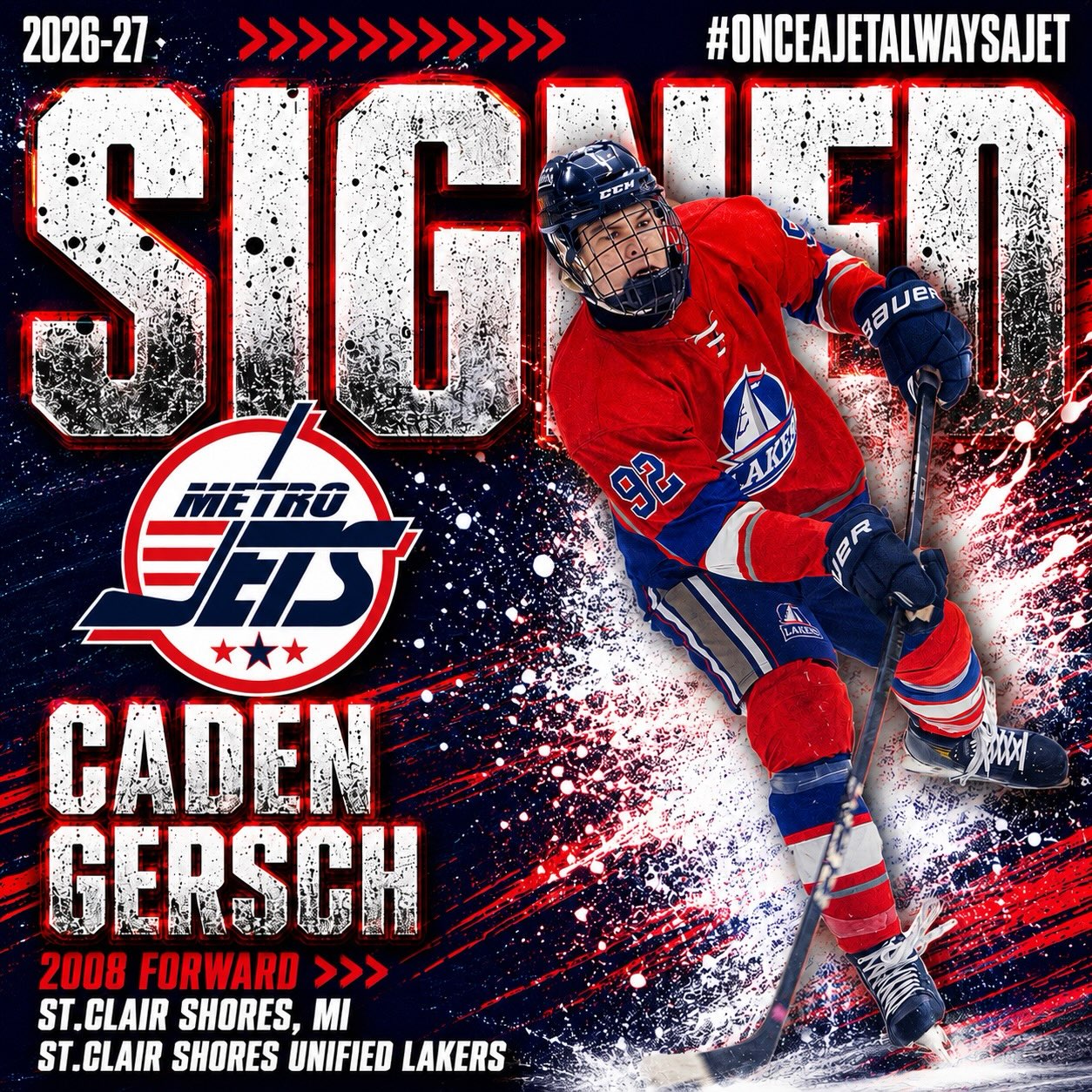 🔔 PLAYER SIGNING 🔔
The #MetroJets are excited to announce the signing of forward Caden Gersch for the 2026-27 season!
A St. Clair Shores, Mich., native, Gersch comes to #JetsNation after starring for the St. Clair Shores Unified team in 2025-26, leading the team in scoring with 34 goals and 24 assists for 58 points in just 27 games.
Caden is a big boy with a big shot and a ton of potential. We are looking forward to the opportunity to work with him this coming season.
Welcome to Mount Clemens Ice Arena!
#PlayLikeBray