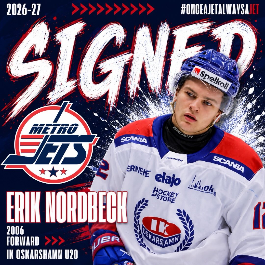 🔔 PLAYER SIGNING 🔔
The #MetroJets are excited to announce the signing of forward Erik Nordbeck for the 2026-27 season!
A native of Malmo, Sweden, who is pumped to join #JetsNation. “We have been fortunate to get to know Erik over the offseason and can’t say enough good things about him. He is eager to join our program and people need to take notice. Erik is a talented player who is a student of the game and will fit in great with our group this year.” From President/GM Justin Quenneville
Welcome to Mount Clemens Ice Arena and Jets Nation!
#PlayLikeBray