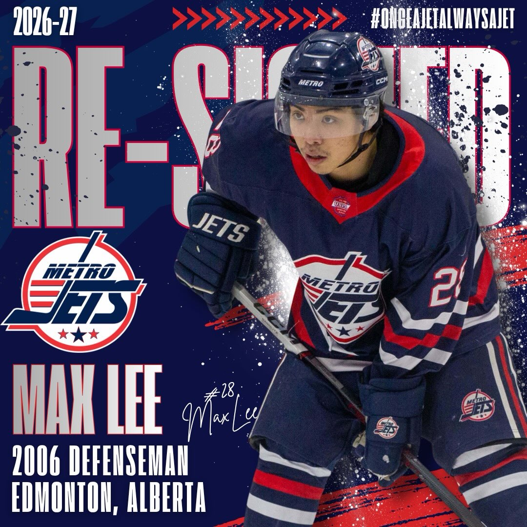 🔔 PLAYER SIGNING 🔔
The #MetroJets are thrilled to announce the re-signing of defenseman Max Lee for the 2026-27 season!
An Edmonton, Alta., native, Lee comes back to #JetsNation after playing 89 total games with the club the past two seasons and providing steady defense.
Max has improved his all-around game in major strides since joining our group and we’re banking on more improvement during his final season of junior hockey.
Welcome back to Mount Clemens Ice Arena!
#PlayLikeBray