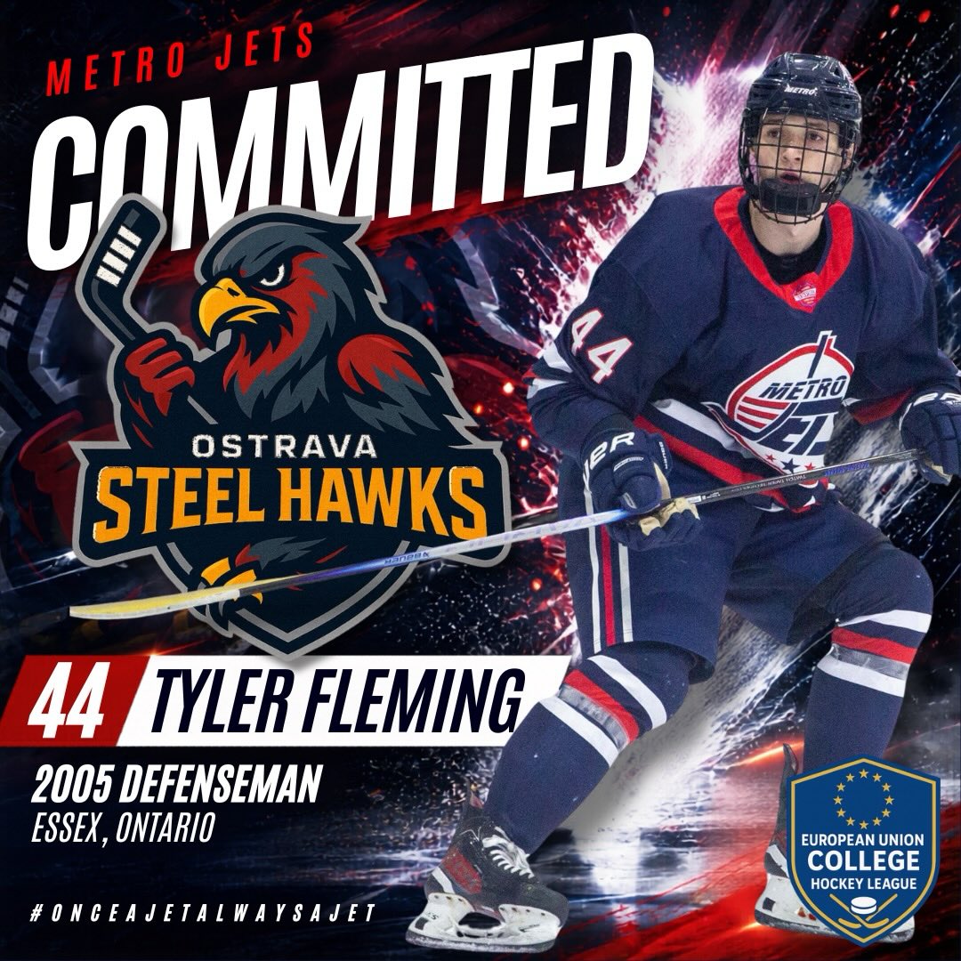 🔔 ADVANCEMENT ALERT 🔔 

Congratulations to graduating #MetroJets defenseman Tyler Fleming on his commitment to VSB Technical University of Ostrava. 

The Steel Hawks are a Division 1 team in the EUCHL, a growing university league that offers student-athletes an opportunity to play high-level hockey and earn their degrees. 

Last season with the Jets, the Essex, Ont., native tallied three goals and 17 assists for 20 points over 44 regular-season games, adding an assist in eight postseason games. 

We wish Flemmer the best of luck and enjoy Czechia! 

#OnceAJetAlwaysAJet ✈️ #PlayLikeBray #JettingToCzechia