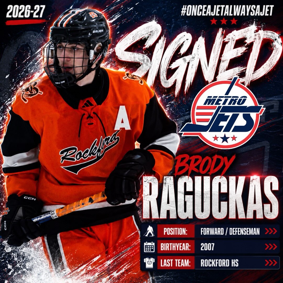 🔔 PLAYER SIGNING 🔔 
 
The #MetroJets are excited to announce the signing of forward/defenseman Brody Raguckas for the 2026-27 season!

A Rockford, Mich., native, Raguckas comes aboard #JetsNation after collecting 16 goals and 12 assists for 28 points in 31 games last season for Rockford High School.

Rags is a player that is flexible, can play anywhere he is needed, and does it in a mature fashion. He’ll fit right into our mold and we are confident he will excel in our environment.

Welcome to Mount Clemens Ice Arena!

#PlayLikeBray