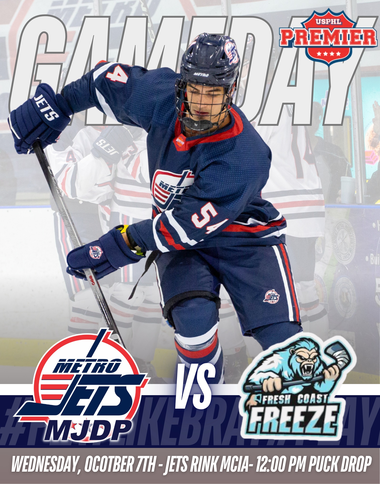 GAMEDAY! MJDP vs FRESH COAST FREEZE - 12pm puck drop 🔥
Don’t miss a minute of the action - catch all the games live on blackbearsports.tv!

⏰ All game times are listed in Central Time.

Go Jets! 🛩️

#metrojetshockey #playlikebray #juniorhockey #hockey
