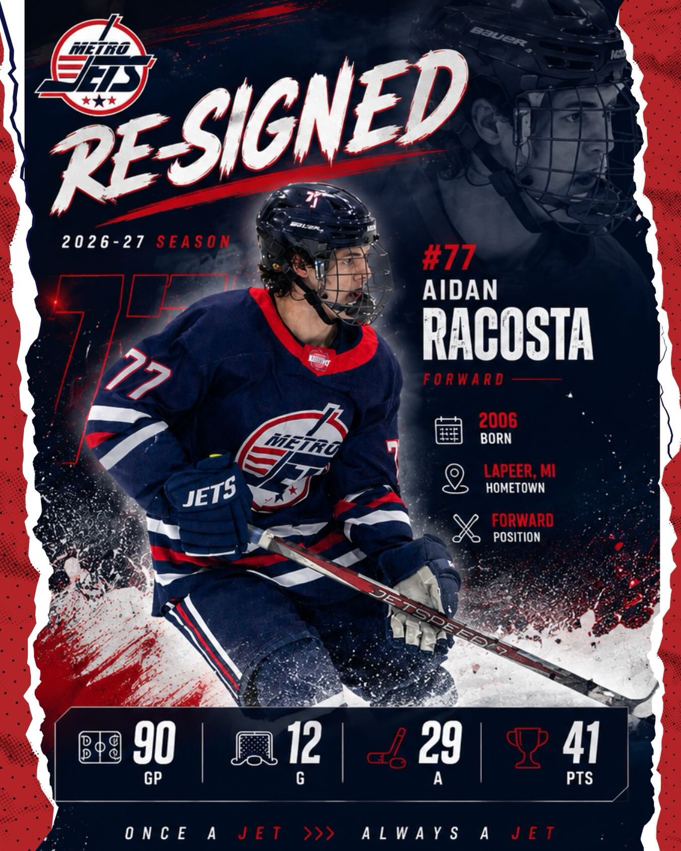 🔔 PLAYER SIGNING 🔔
The #MetroJets are excited to announce the re-signing of forward Aidan RaCosta for the 2026-27 season!
A Lapeer, Mich., native, RaCosta comes back to #JetsNation after compiling 12 goals and 29 assists for 41 points in 90 games the past two seasons.
Aidan is another player that came to us with raw potential and has worked extremely hard and bought in to our systems and environment to elevate and bring his game to where it is today.
Welcome back to Mount Clemens Ice Arena!
#PlayLikeBray