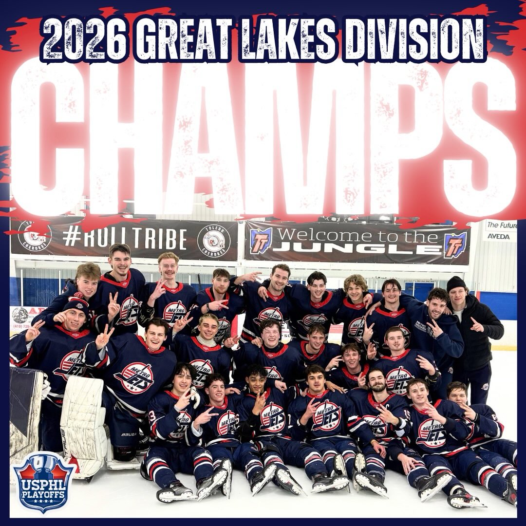 💥 CHAMPS 💥
Boom!
On to #USPHLNationals!
Your #MetroJets are United States Premier Hockey League Great Lakes Division CHAMPIONS!
Again!!
#USPHLPlayoffs #PlayLikeBray