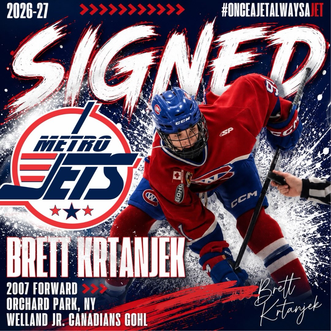🔔 PLAYER SIGNING 🔔
The #MetroJets are thrilled to announce the signing of forward Brett Krtanjek for the 2026-27 season!
An Orchard Park, N.Y., native, Krtanjek comes to #JetsNation with junior experience, playing last season with the GOHL’s Welland Jr. Canadiens.
We can’t wait to have Krtanjek in our colors and to jump right in and learn what Jets hockey is all about, both on and off the ice.
Welcome to Mount Clemens Ice Arena!
#PlayLikeBray