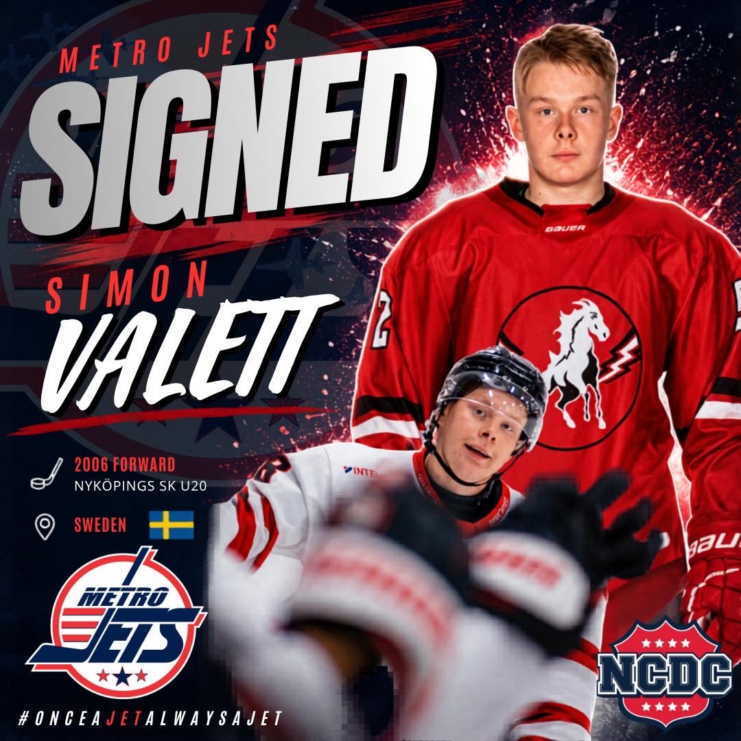 🔔 PLAYER SIGNING 🔔
The #MetroJetsNCDC are excited to announce the signing of forward Simon Valett for the 2026-27 season!
Valett is coming over from his native Sweden to play his final season of junior hockey in front of #JetsNation.
Simon is a skilled player that will fit in nicely with our development platforms and we can’t wait to get him into a Jets uniform!
Welcome to Mount Clemens Ice Arena!
#PlayLikeBray