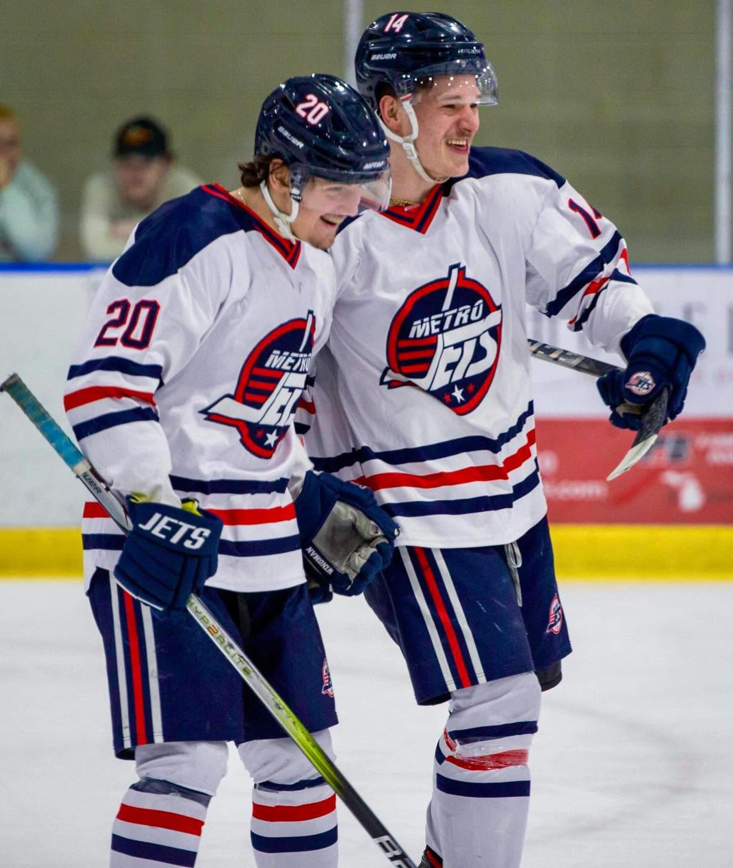 #MetroJets players Luka Pivec and Pierce Ashcroft are all smiles as the Jets defeat Tuh-Lee-Duh on March 16, 2025, at Mount Clemens Ice Arena to advance to #USPHLNationals.

#TwoForTuesday #PlayLikeBray