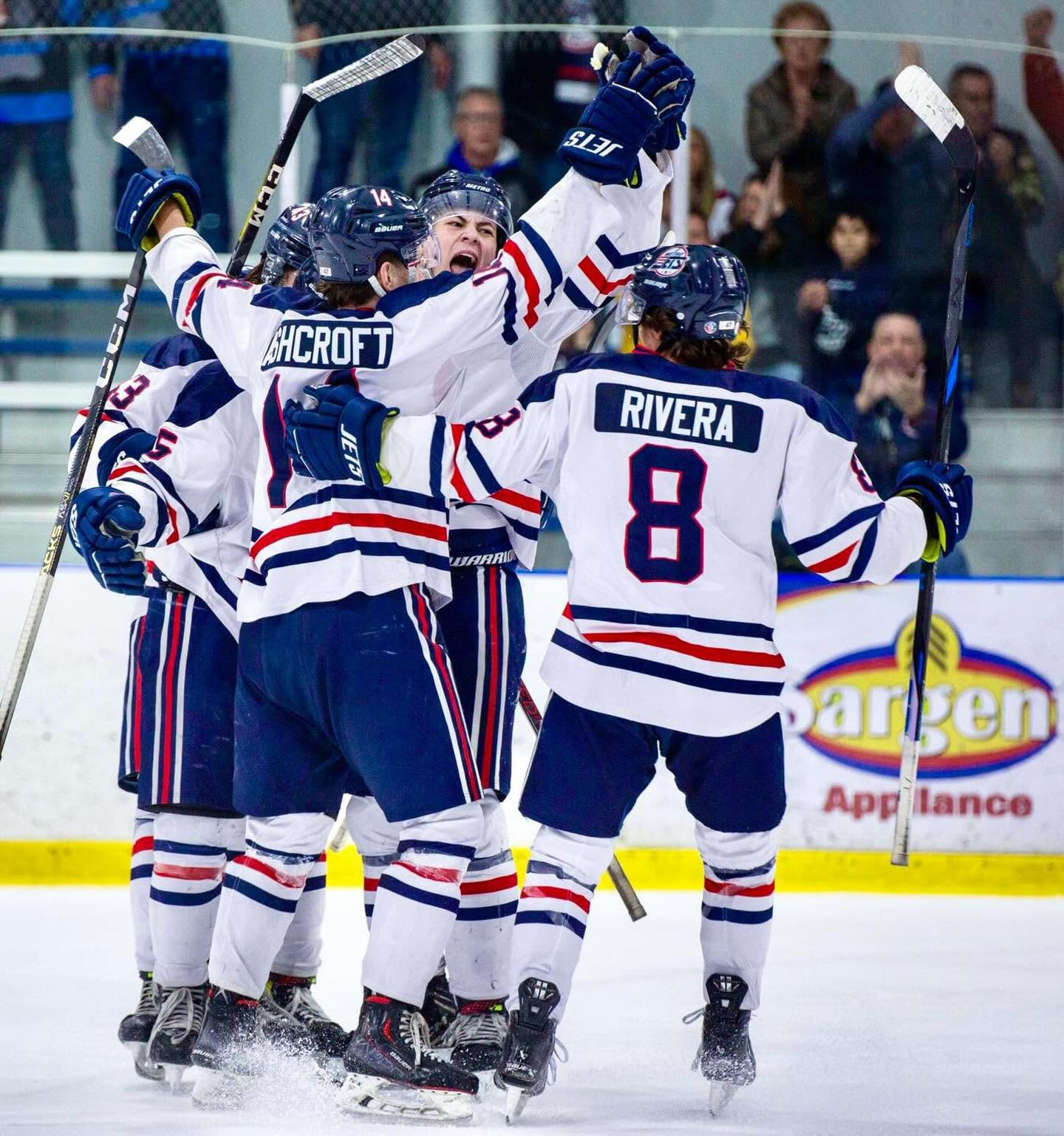 The #MetroJets celebrate a goal March 16, 2025, against the Chair-Uh-Key on the way to advancing to #USPHLNationals! 

#CellySunday #PlayLikeBray