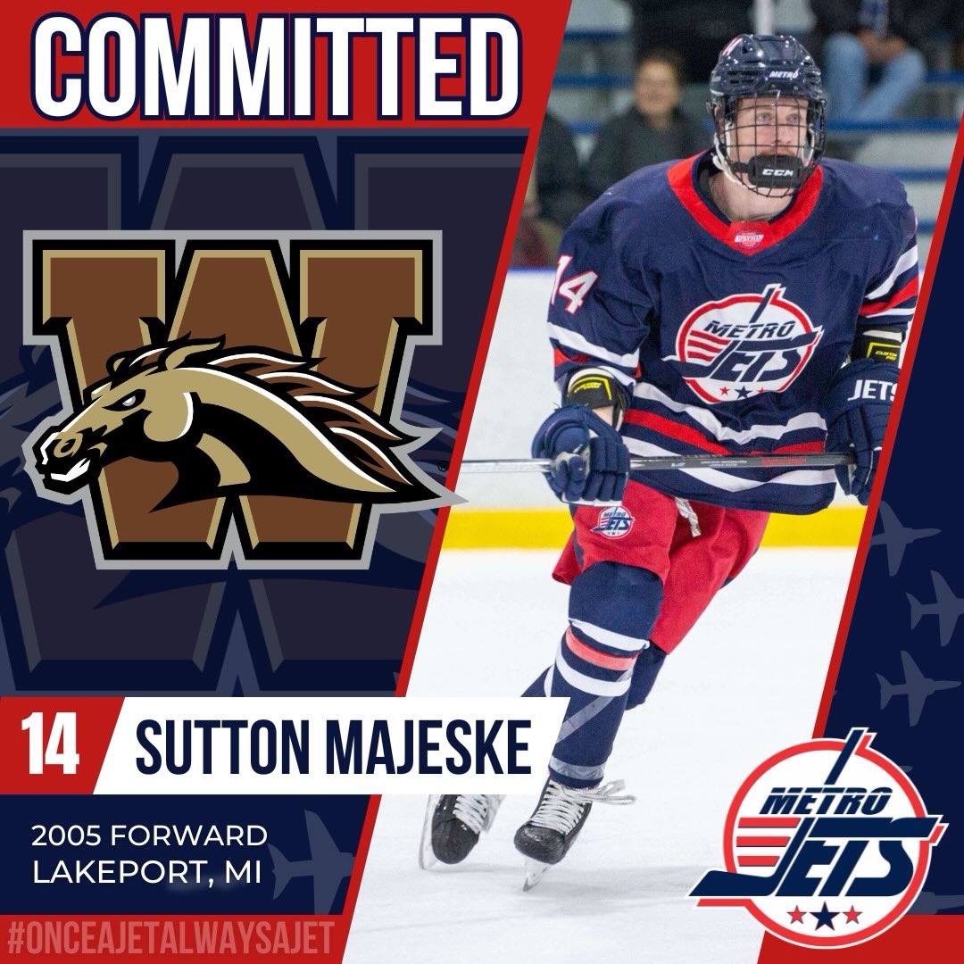 🔔 COMMITMENT ALERT 🔔 

Congratulations to two-year #MetroJets forward Sutton Majeske on his commitment to play #CollegeHockey at Western Michigan University!

Over his two seasons at Mount Clemens Ice Arena, the Lakeport, Mich., native scored 37 goals and added 59 assists in 99 games in the regular season and postseason.

Sutton used the development platforms we offer to improve and round out his game to be ready for the next level!

We can’t wait to see what Sutton accomplishes in Kalamazoo with the Stallions!

#JettingToCollegeHockey #OnceAJetAlwaysAJet ✈️ #PlayLikeBray