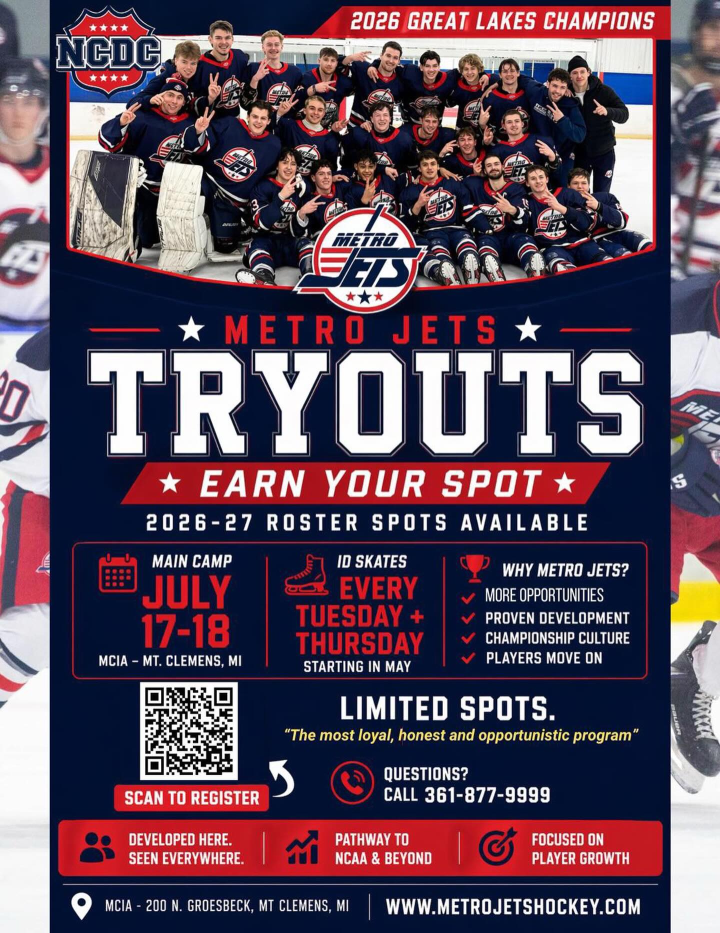 ✈️ WHO WANTS TO BE A JET? ✈️ 

As we continue to build on the tradition that has become #MetroJets hockey, we are looking forward to the 2026-27 USPHL and NCDC seasons with ID skates and main camp at Mount Clemens Ice Arena!

Want to jump aboard #JetsNation?

Scan the QR code below or visit https://www.metrojetshockey.com/player-interest/ to start your flight today!

#PlayLikeBray