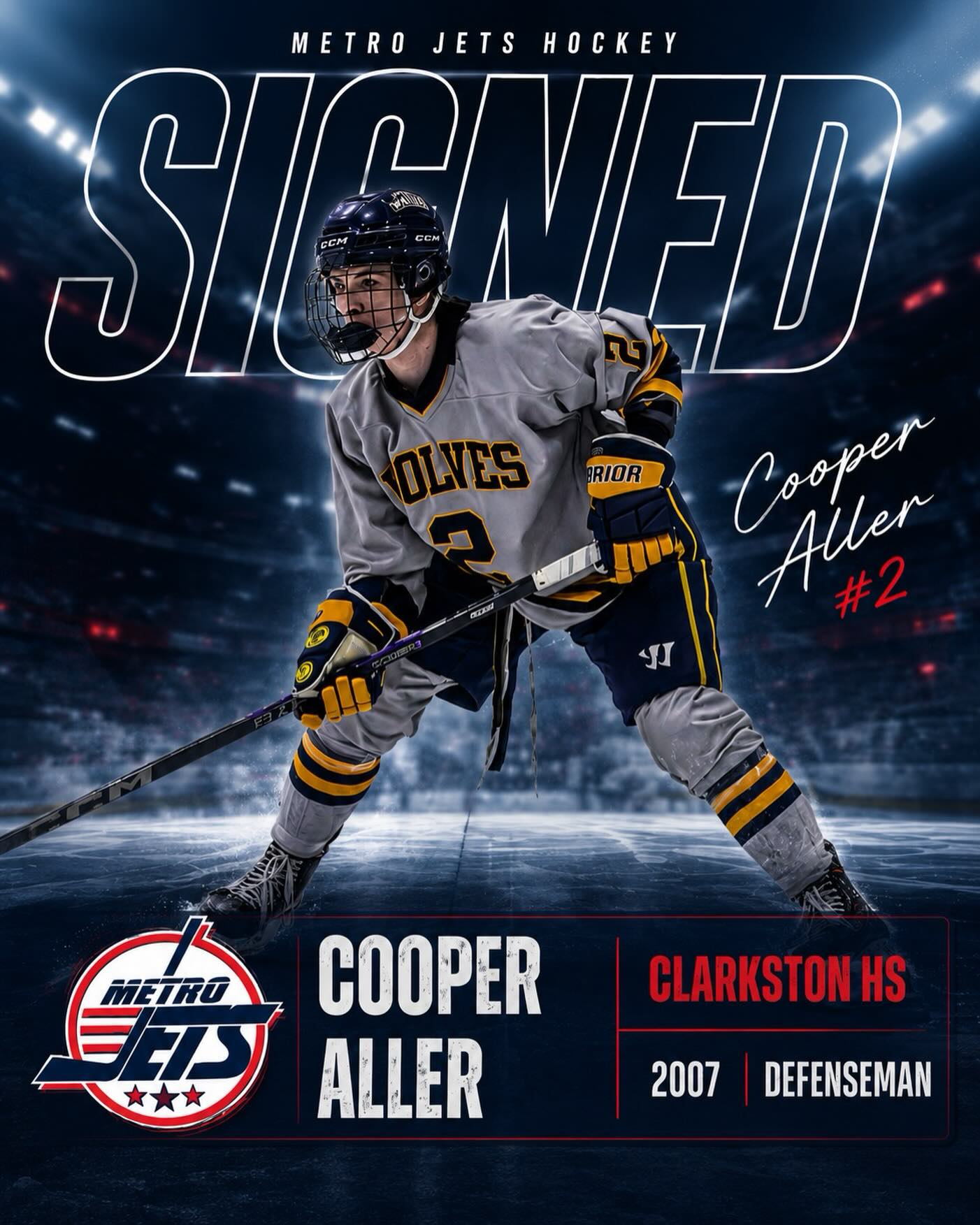 🔔 PLAYER SIGNING 🔔
The #MetroJets are proud to announce the signing of Clarkston High School defenseman Cooper Aller for the 2026-27 season!
We are excited to get Cooper in a Jets uniform as part of #JetsNation. He is a dynamic player who will benefit from our environment.
He will draw a lot of attention on the back end and we look forward to him getting to work here this upcoming season!
Welcome to Mount Clemens Ice Arena!
#PlayLikeBray