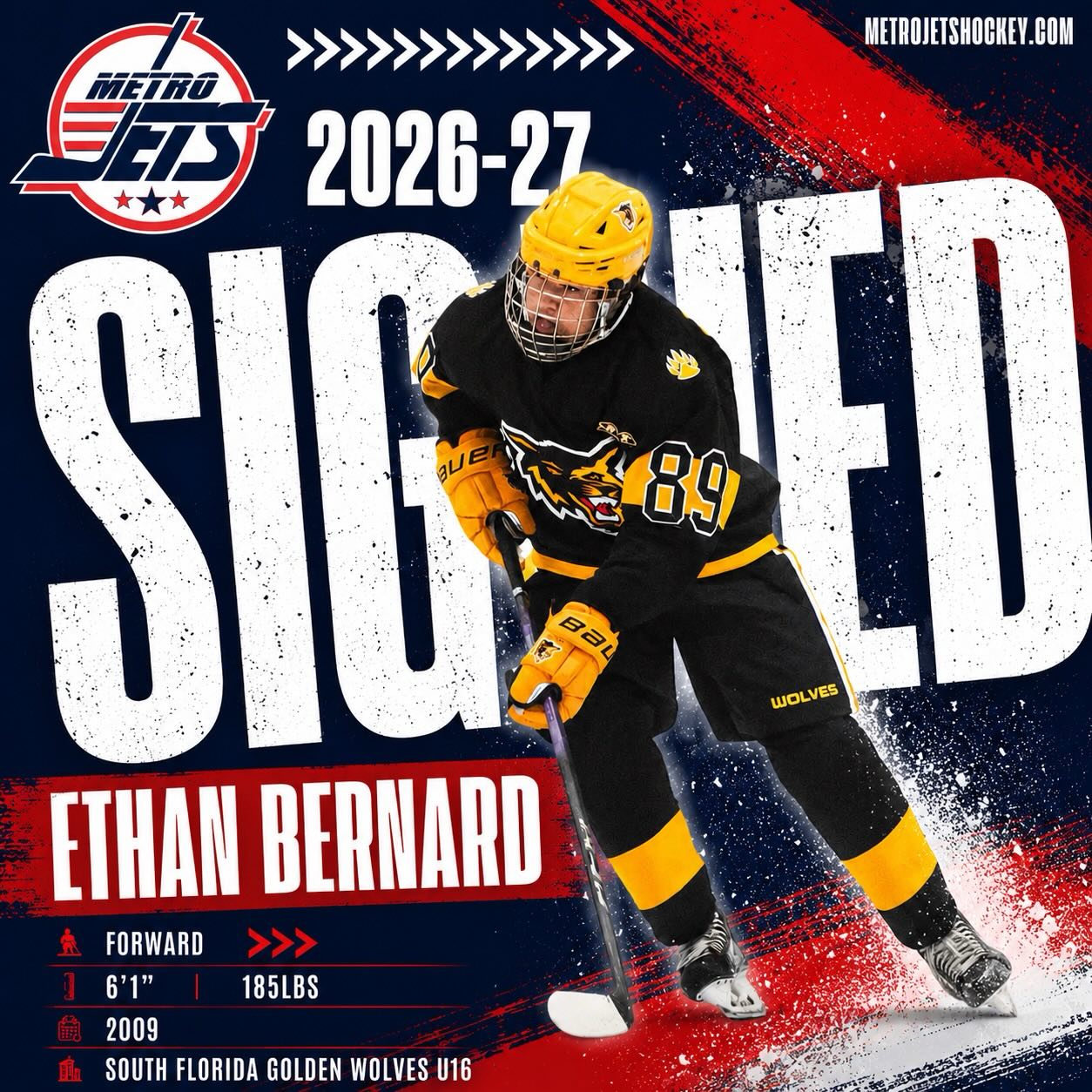🔔 PLAYER SIGNING 🔔
The #MetroJets are excited to announce the signing of South Florida Golden Wolves forward Ethan Bernard for the 2026-27 season!
We’ve had success in recent years signing players from Florida to join #JetsNation that are looking to develop their game to another level!
Just another main reason for our development model and why players want to play here!
Welcome to Mount Clemens Ice Arena!
#PlayLikeBray