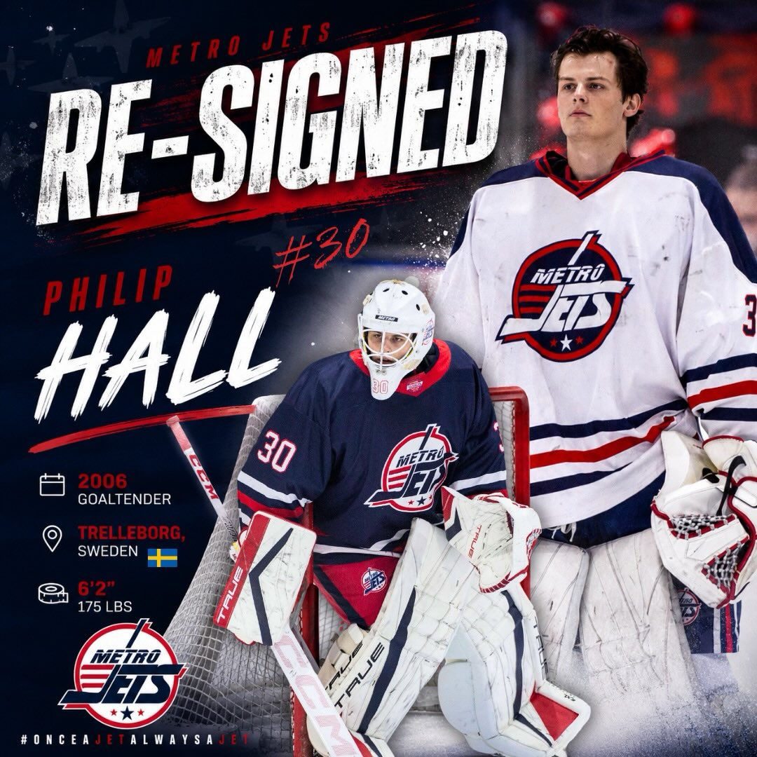 🔔 PLAYER SIGNING 🔔 

The #MetroJets are excited to announce the re-signing of goaltender Philip Hall for the 2026-27 season!

Last year with the Jets, Hall went 14-1-0 in the regular season with a 1.26 GAA and a .935 save percentage with four shutouts. In the postseason, Hall was 5-2-0 with a 2.91 GAA and a .898 save percentage.

Entering his last season of junior hockey, Hall is anxious to get started - as are we - and we can’t wait to see what he’ll do on and off the ice this season.

Welcome back to Mount Clemens Ice Arena!

#PlayLikeBray