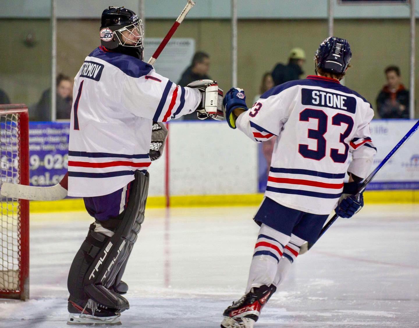 #MetroJets players Rostislav Efremov and Jaxon Stone celebrate a goal during the team’s 3-0 win over our friends from Lucas County, Ohio, on February 7, 2025, at Mount Clemens Ice Arena.
Efremov pitched a 41-save shutout this night.
#CellySunday #PlayLikeBray