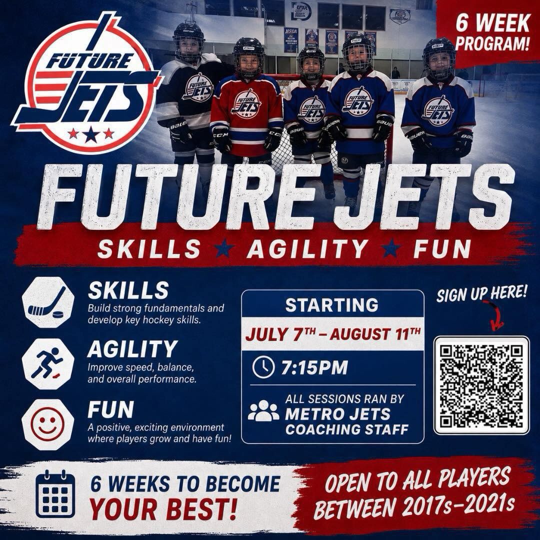 ✈️ FUTURE FLYERS ✈️
It’s here… our six-week Future Jets program!
Learn skills and agility and most of all, have fun doing it!
All players receive a jersey, hat, and water bottle.
Sign up before June 7 for $150 or $195 after June 7.
For more information and to register, visit https://www.metrojetshockey.com/programs/kids-club/.
#PlayLikeBray #FutureJets