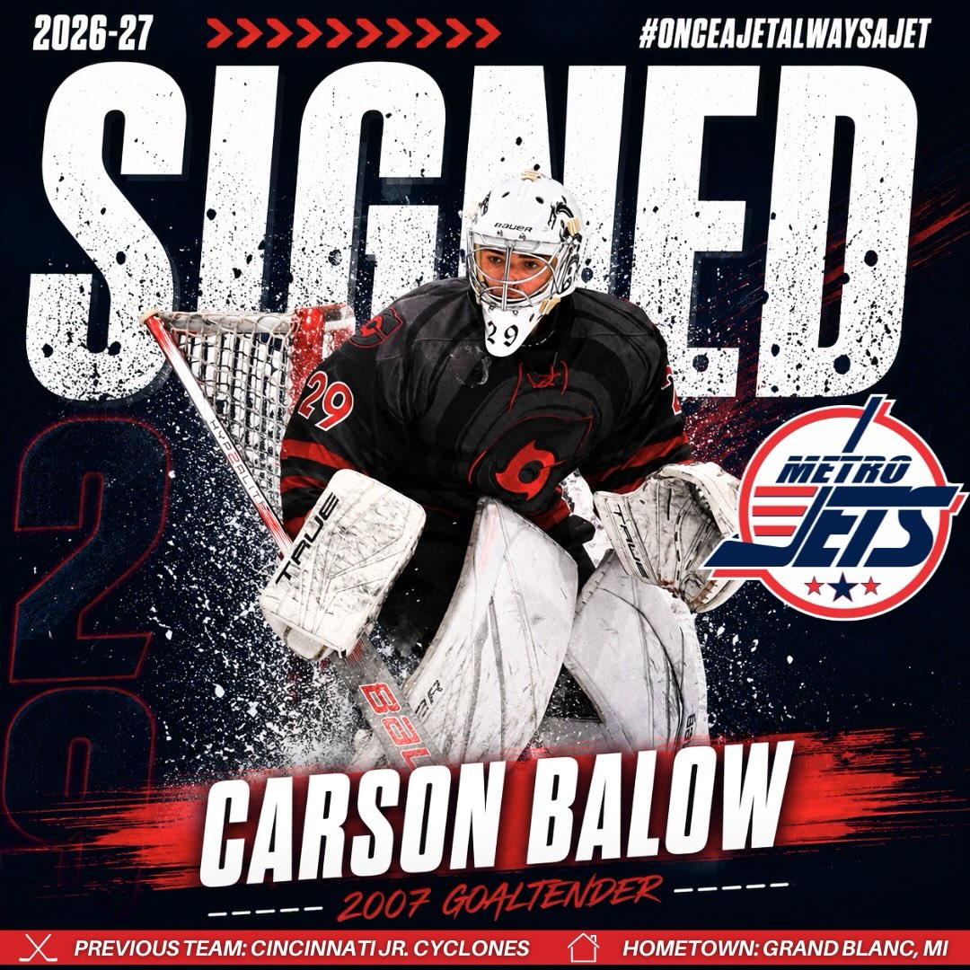 🔔 PLAYER SIGNING 🔔 

The #MetroJets are excited to announce the signing of goaltender Carson Balow for the 2026-27 season!

A Grand Blanc, Mich., native, Carson comes to #JetsNation with two years of USPHL experience and under the tutelage of Randy Wilson, our plan is his third season will be the charm!

Welcome to Mount Clemens Ice Arena!

#PlayLikeBray