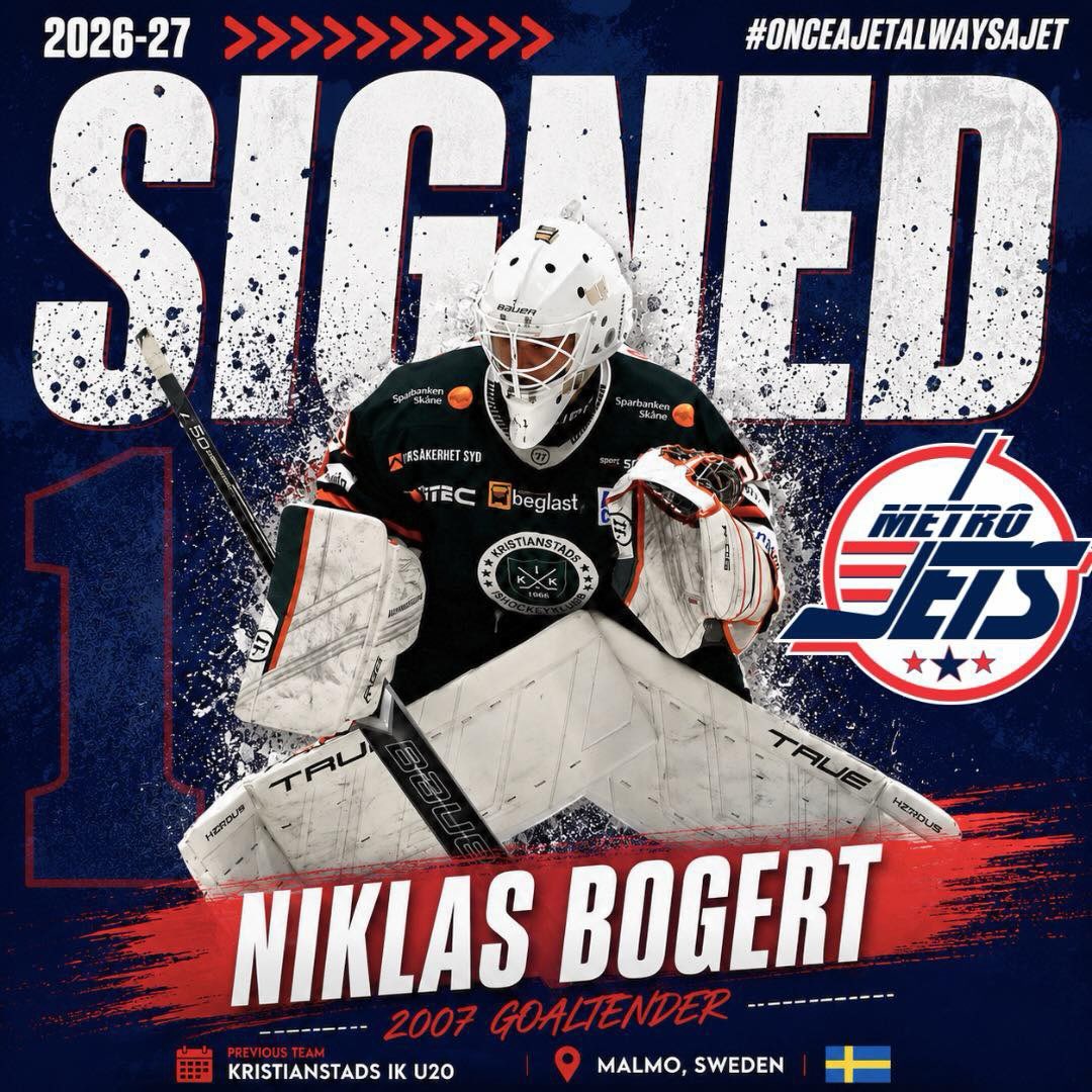 🔔 PLAYER SIGNING 🔔
The #MetroJets are thrilled to announce the signing of goaltender Niklas Bogert for the 2026-27 season!
From Sweden, Bogert brings skill and a winning determination that will mesh extremely well with our development environment and our esteemed goalie coach Randy Wilson!
Welcome to Mount Clemens Ice Arena!
#PlayLikeBray