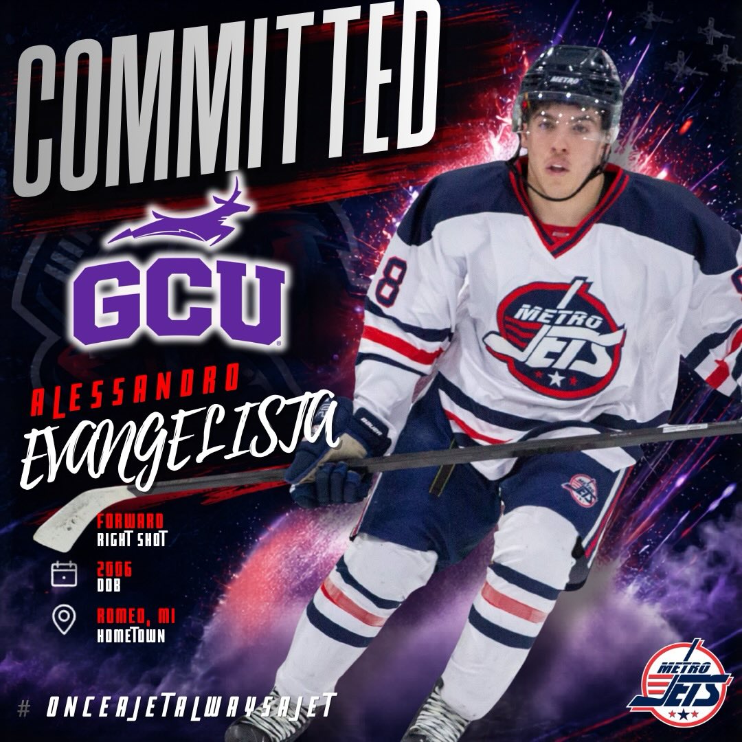 🔔 ADVANCEMENT ALERT 🔔
Congratulations to two-year #MetroJets forward Alessandro Evangelista on his commitment to play #CollegeHockey for Grand Canyon University.
Over 82 regular-season games, Evangelista recorded 19 goals and 26 assists for 45 points.
We wish Sandro the best of luck in the desert!
#OnceAJetAlwaysAJet ✈️ #PlayLikeBray #JettingToCollegeHockey