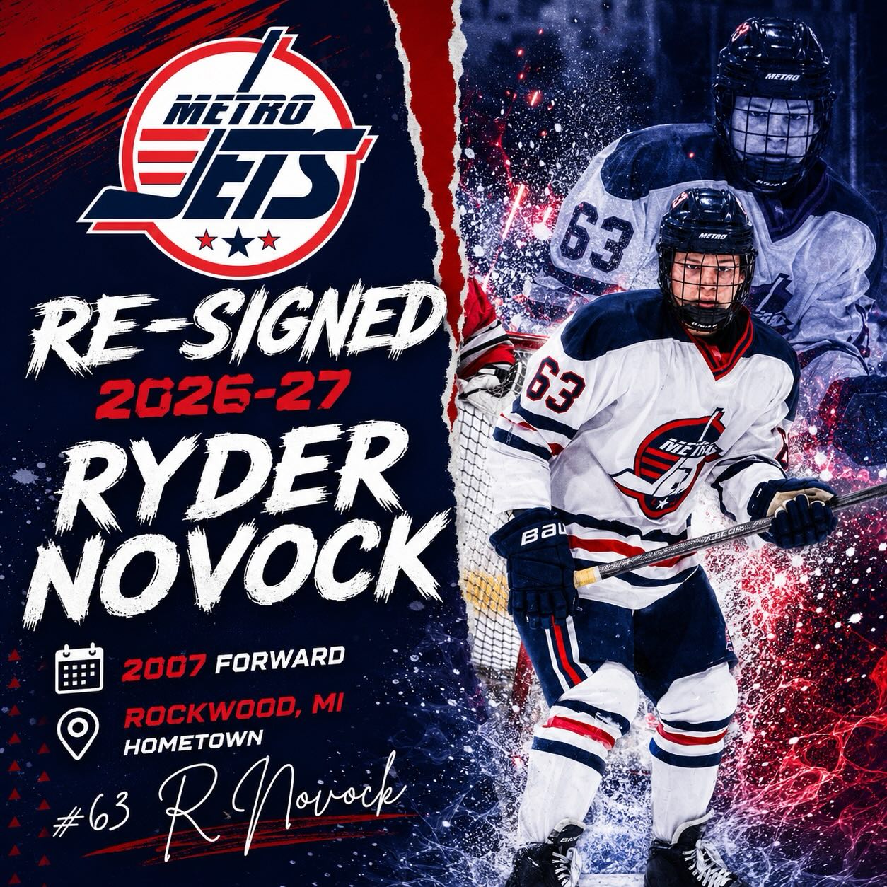 🔔 PLAYER SIGNING 🔔
The #MetroJets are thrilled to announce the re-signing of forward Ryder Novock for the 2026-27 season!
A native of Rockwood, Mich., Novock returns to #JetsNation after scoring 13 goals with nine assists for 22 points over 35 regular-season games in 2025-26.
Novy’s game took off last year immersed in our development platforms and environment and we can’t wait to see what Year 2 brings!
Welcome back to Mount Clemens Ice Arena!
#PlayLikeBray