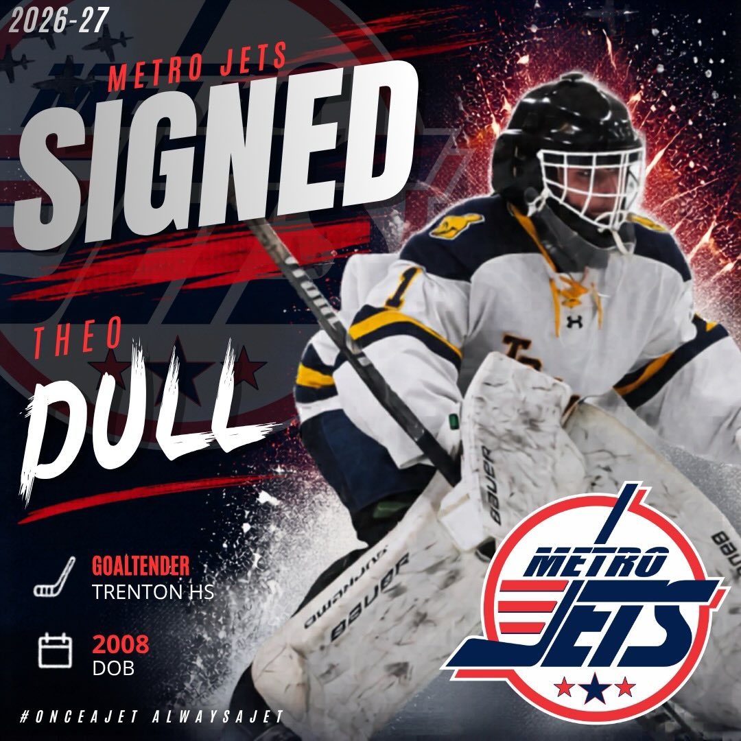 🔔 PLAYER SIGNING 🔔
The #MetroJets are excited to announce the signing of goaltender Theo Dull for the 2026-27 season!
A Trenton, Mich., native, Dull comes to #JetsNation from Trenton High School, where he won 13 games last season for the Trojans.
Under the guidance of our goaltending coach Randy Wilson, Dull’s game looks to take a turn during his rookie season of junior hockey.
Welcome to Mount Clemens Ice Arena!
#PlayLikeBray