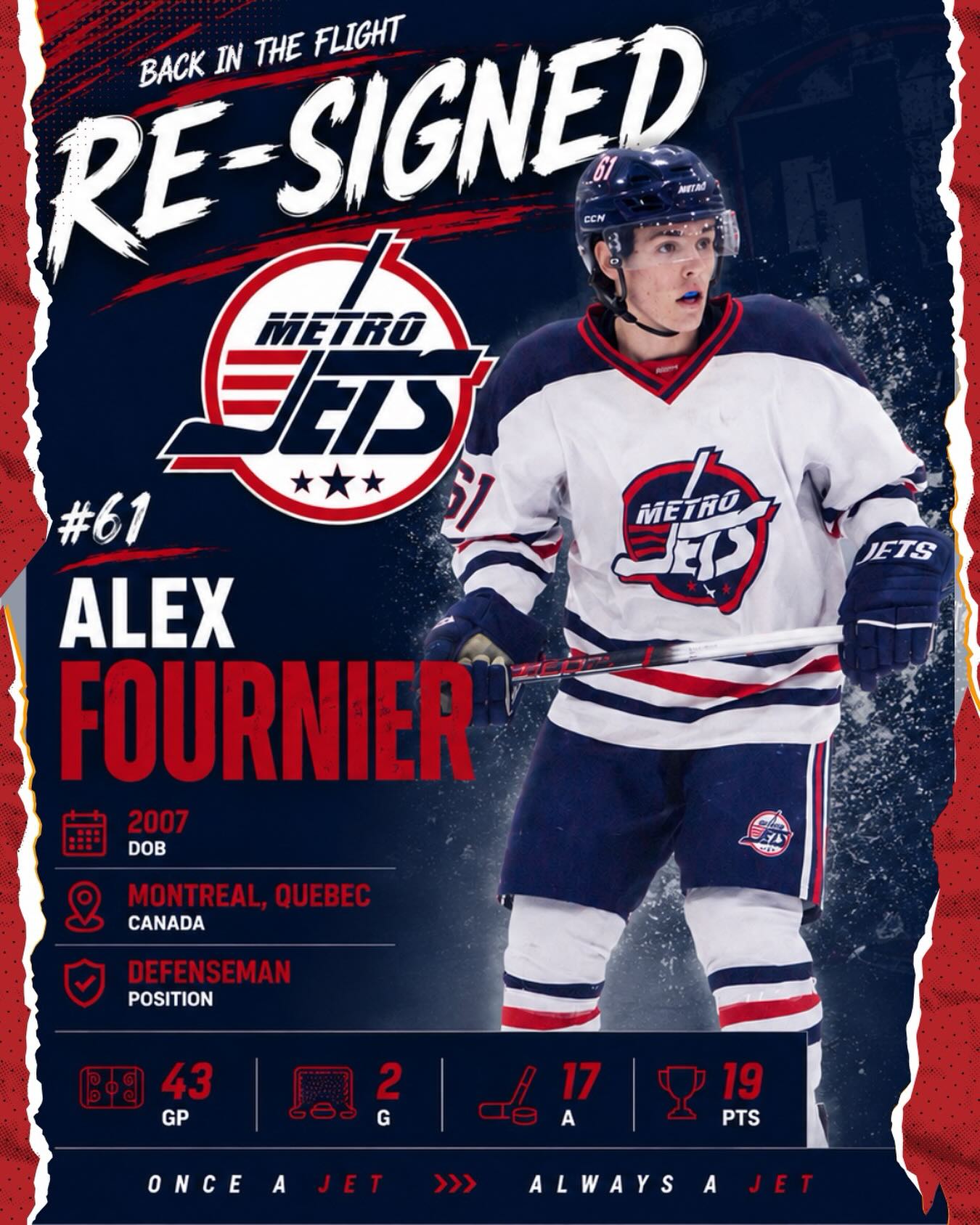 🔔 PLAYER SIGNING 🔔 

The #MetroJets are thrilled to announce the re-signing of defenseman Alex Fournier for the 2026-27 season!

A native of Montreal, Quebec, Fournier returns to #JetsNation after scoring two goals and adding 17 assists for 19 points in 43 games last season.

Alex’s overall game took a definite upward turn last season and we’re confident that will continue in leaps and bounds this coming season!

Welcome back to Mount Clemens Ice Arena!

#PlayLikeBray