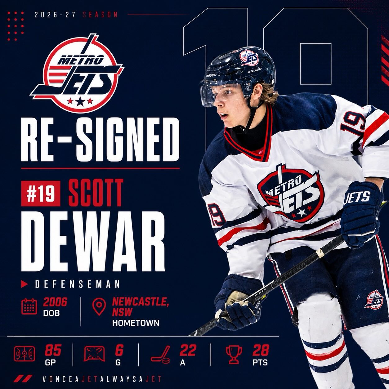🔔 PLAYER SIGNING 🔔
The #MetroJets are thrilled to announce the re-signing of defenseman Scott Dewar for the 2026-27 season!
A native of Australia, Dewar is back with #JetsNation for a third season after registering five goals and 20 assists for 25 points in 80 regular-season games and a goal and two assists in five postseason games over the past two years.
Dewey has seen his game improve in huge strides in his time with our program and we couldn’t be more elated to see what’s to come in 2026-27.
Welcome back to Mount Clemens Ice Arena!
#PlayLikeBray