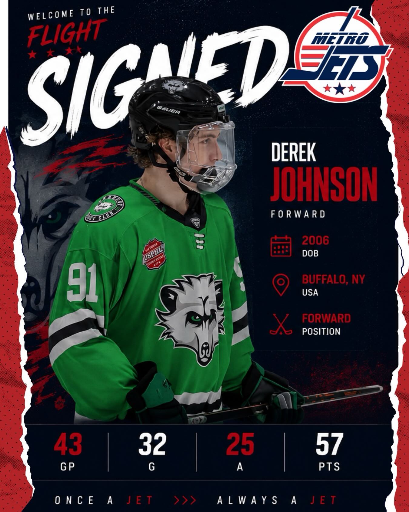 🔔 PLAYER SIGNING 🔔
The #MetroJets are excited to announce the signing of forward Derek Johnson for the 2026-27 season!
A Buffalo, N.Y., native, Johnson joins #JetsNation after leading the Bearcat Hockey Club in scoring in 2025-26 with 32 goals and 25 assists for 57 points in 43 games.
DJ is a skilled 2006 birth year who we saw first hand last season how talented he is. We look forward to working with Derek and getting him a college commitment this upcoming year!
Welcome to Mount Clemens Ice Arena!
#PlayLikeBray