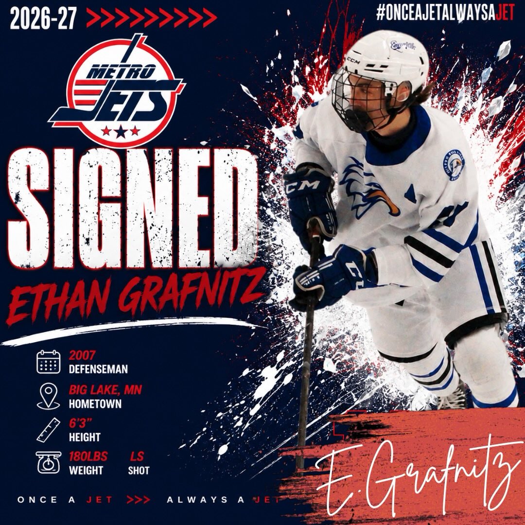 🔔 PLAYER SIGNING 🔔 

The #MetroJets are excited to announce the signing of defenseman Ethan Grafnitz for the 2026-27 season!

A native of Big Lake, Minn., Grafnitz joins #JetsNation after spending the 2025-26 season with the Gamblers Hockey 18U AAA team.

There is a lot to like in Grafnitz’s game and we’re pumped to see what he can accomplish once our systems and development environment are put in place. 

Welcome to Mount Clemens Ice Arena! 

#PlayLikeBray