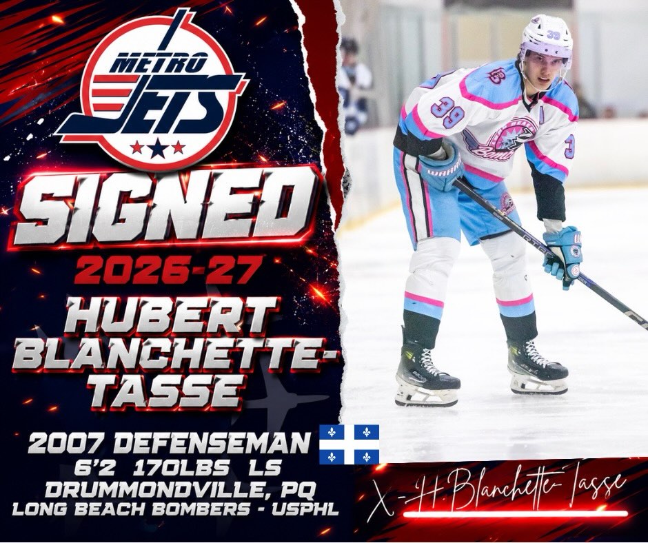 🔔 PLAYER SIGNING 🔔
The #MetroJets are thrilled to announce the signing of defenseman Hubert Blanchette-Tasse for the 2026-27 season!
A native of Drummondville, Quebec, Blanchette-Tasse heads to #JetsNation after playing the past two seasons for the USPHL’s Long Beach Bombers.
HBT is anxious to come to the Detroit area to develop his game and learn from the Jets staff. We can’t wait to get started and see the daily improvement.
Welcome to Mount Clemens Ice Arena!
#PlayLikeBray